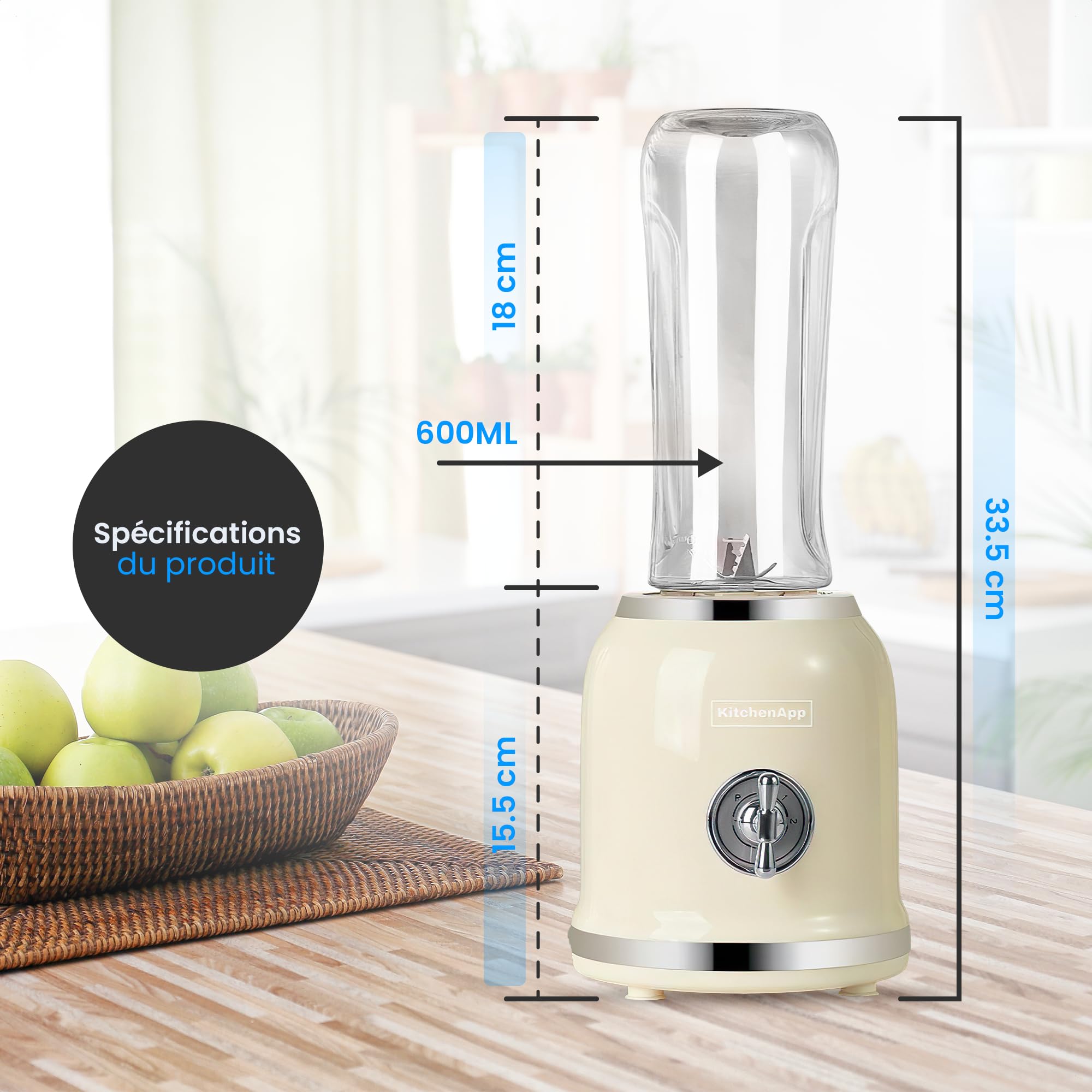 Mixeur Électrique avec 2 Bouteilles Portables de 600 ml sans BPA pour Smoothies | Mixeur Multifonctionnel pour Milkshakes Fruits | 6 Lames en Acier Inoxydable