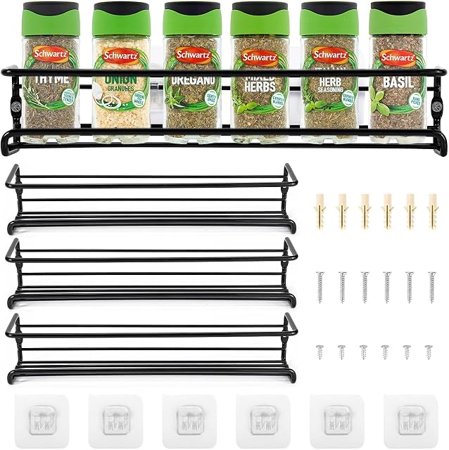 Vinsani Black Spice Racks Organiser  3 Tier Flexible Herb & Spices Wall Mounted Hanging Storage Rack with Adhesive Stickers & Screws  for Kitchen Walls Pantry Inside Cupboard Cabinet Door