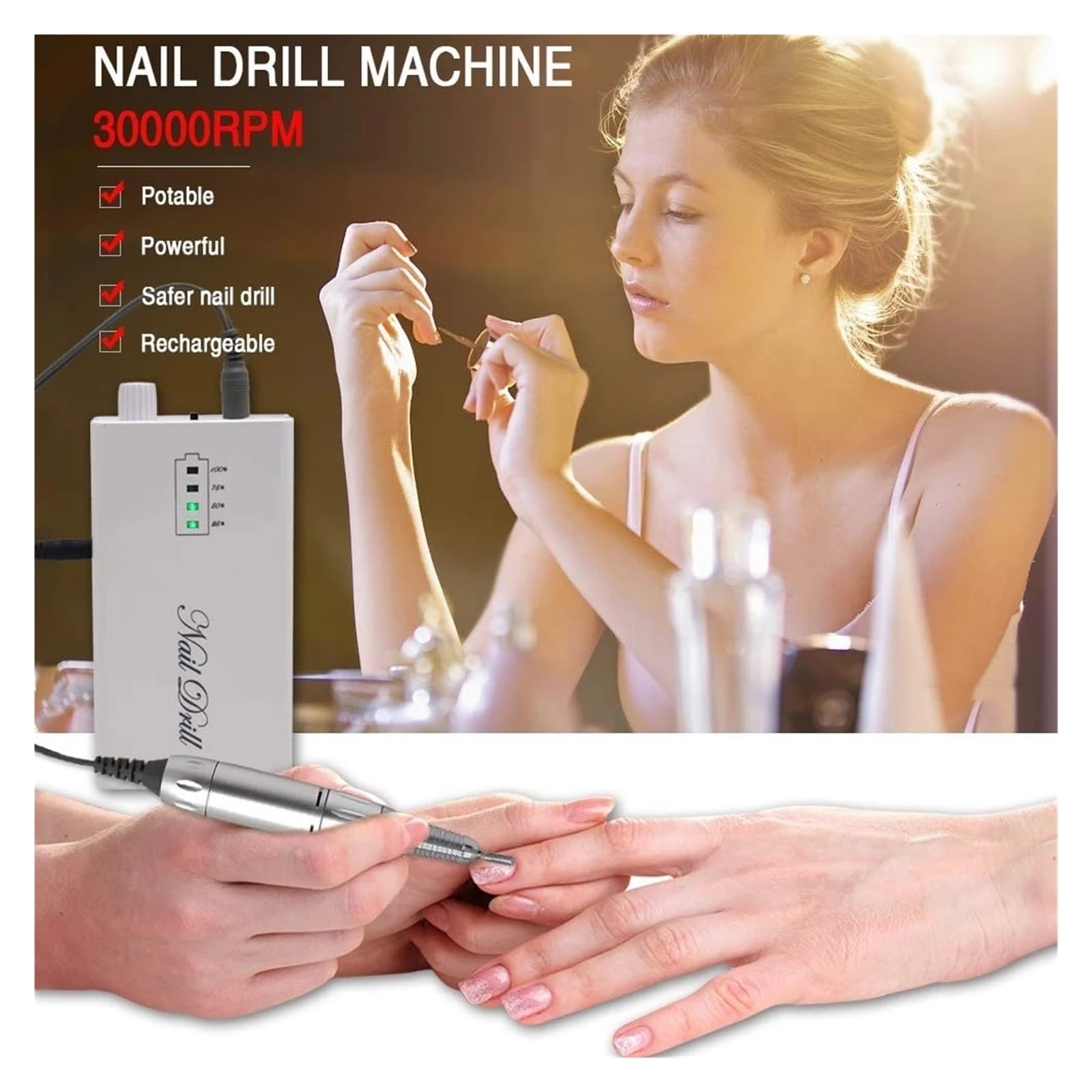 Torno de Uñas Eléctrico, Taladro de uñas eléctrico inalámbrico portátil de 35000RPM, removedor de gel acrílico, kit de brocas for lima de uñas, equipo de pulido de uñas(Bianco)