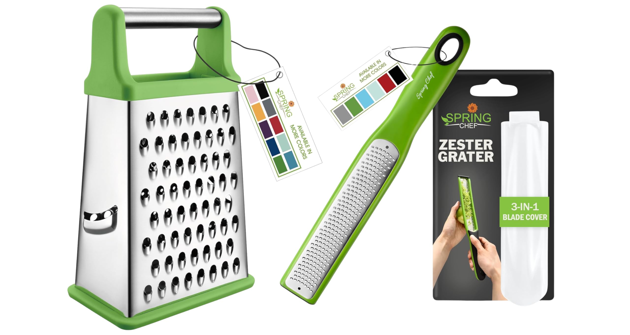 Spring Chef Stainless Steel XL Box Grater & Premium Lemon Zester - 2 Product Bundle - Green