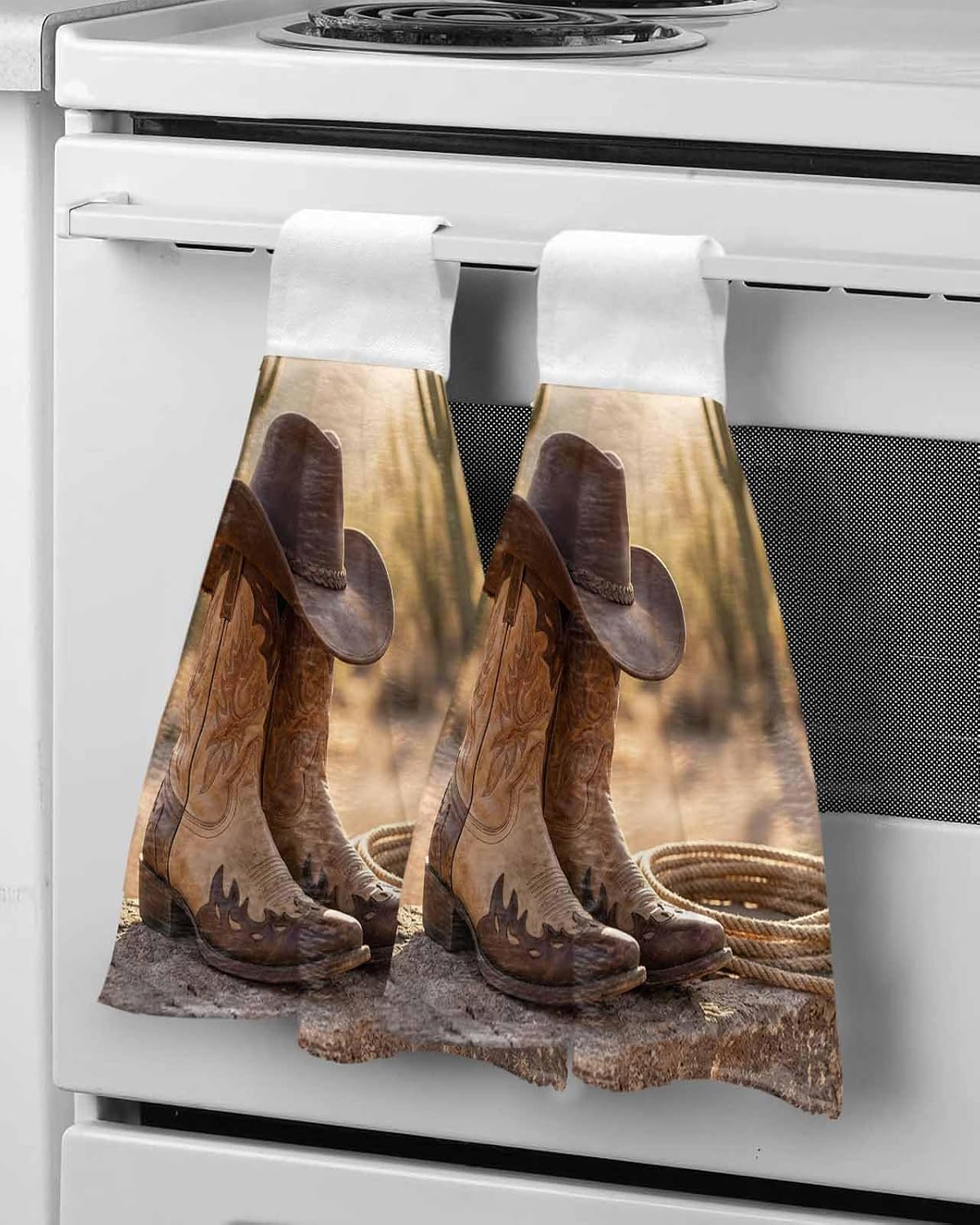 Cowboy Western Kitchen Hand Towels with Hanging Loops Set of 2 Cowboy Hats Boots Desert Cacti Vintage Soft Thick Oven Fingertip Dry Microfiber Tie Dish Towel Absorbent Cleaning Washcloth for Bathroom