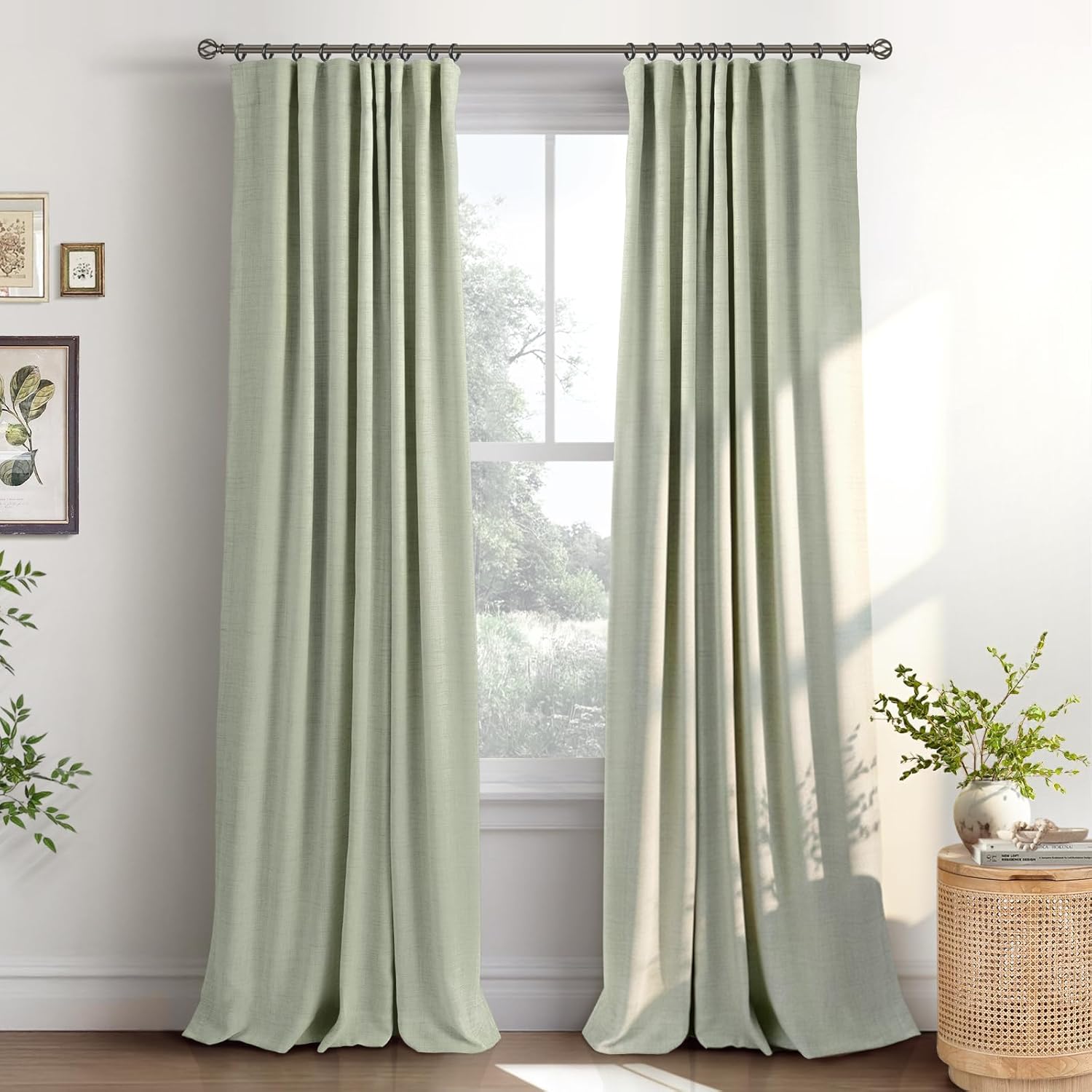 INOVADAY 100% Blackout Curtains for Bedroom, Black Out Curtains 84 Inch Long, Clip Rings Linen Blackout Drapes, Thermal Insulated Room Darkening for Living Room, 2 Panels - Sage,W50xL84 Sage 50"W x 84"L (Pack of 2)