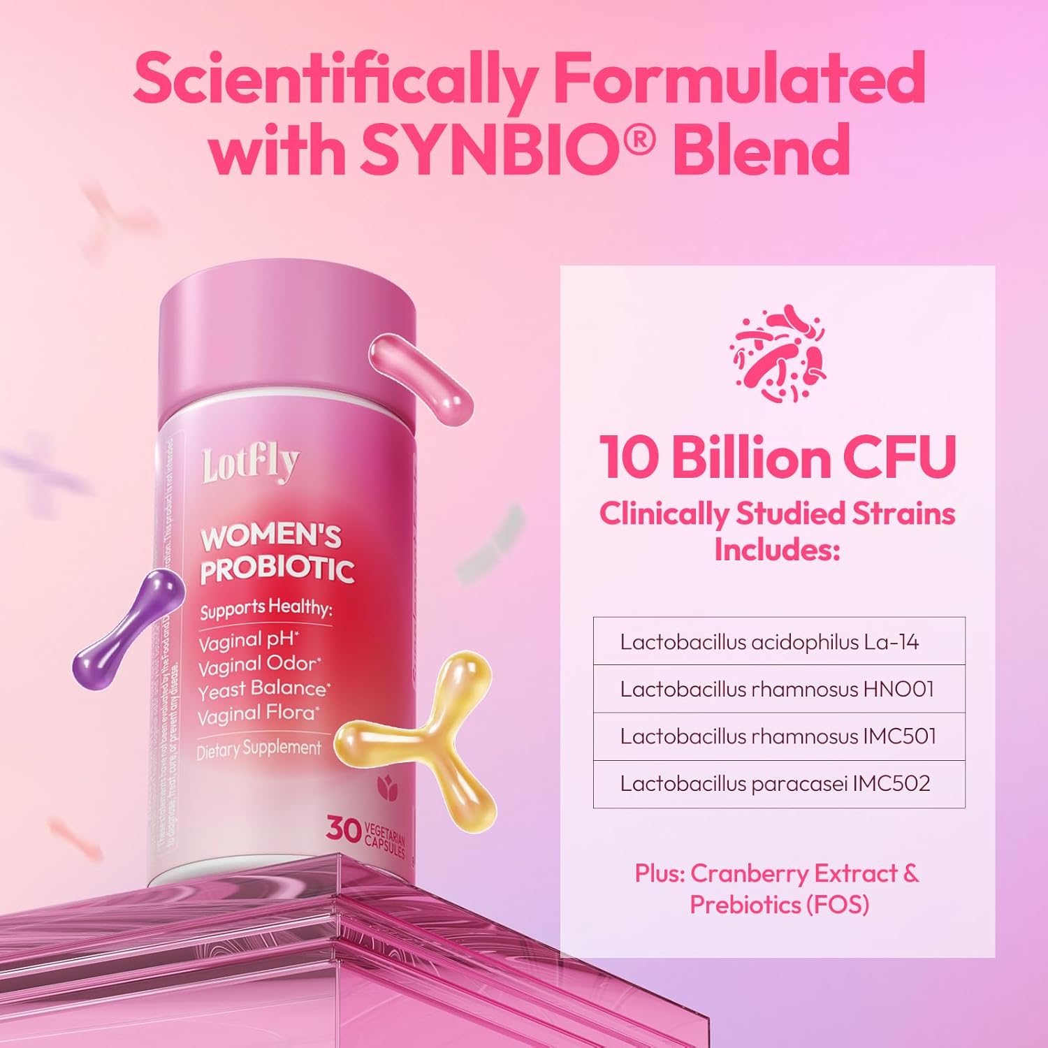 Vaginal Probiotics for Women 100 Billion CFU with Cranberry Extract for pH Balance & UTI Support, Plus Prebiotics & Lactobacillus, Triple Action for Vaginal, Urinary & Gut Health, 30 Capsules - Image 5