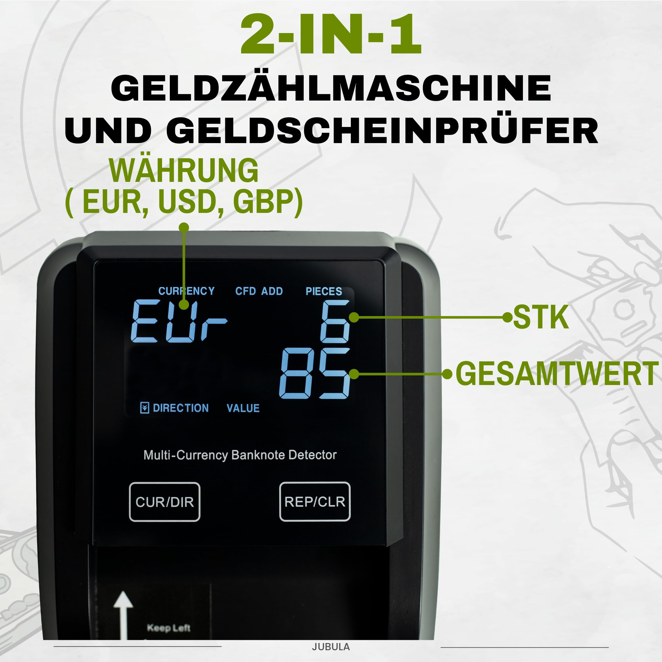 FD-50 Geldscheinprüfer & Geldzählmaschine Banknoten 2in1 | Banknotenprüfer Falschgelderkennung mit UV/MG/IR für falsche EUR, USD, GBP | mobiler Scanner Testlicht & kompakt | Einzeln einlegen