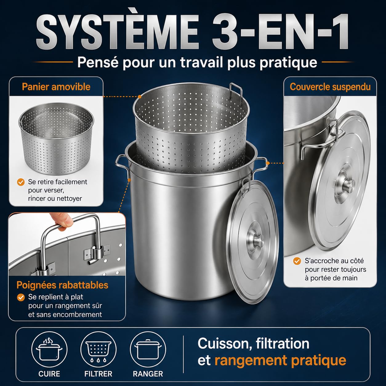 Marmite Inox 100 L avec Panier et Couvercle Faitout Induction