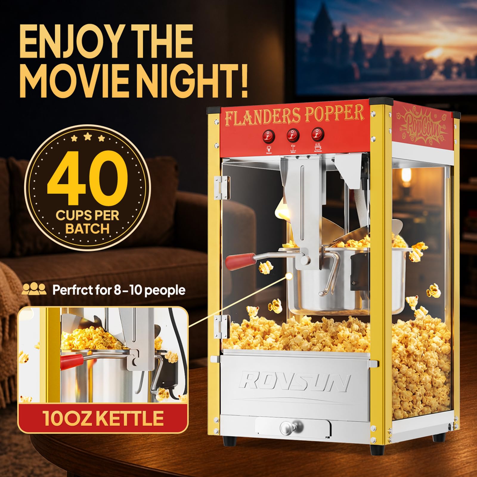 ROVSUN Machine A Pop Corn 800W 10OZ Acier Inox Sans Brûlure Rouge Fête