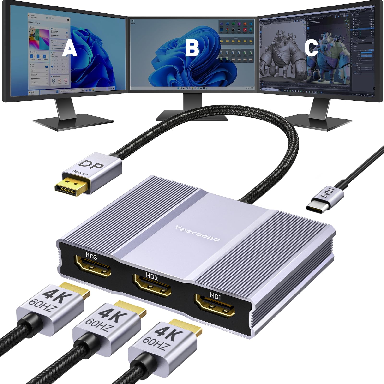 Photo 1 of DisplayPort to HDMI Adapter 1 in 3 Out | 4K60Hz, DP Source to HDMI Splitter Extended Display port splitter for 3 monitors, MST Hub for Desktop,Laptop,NVIDIA, AMD Graphics Card - MACOS Not Support MST