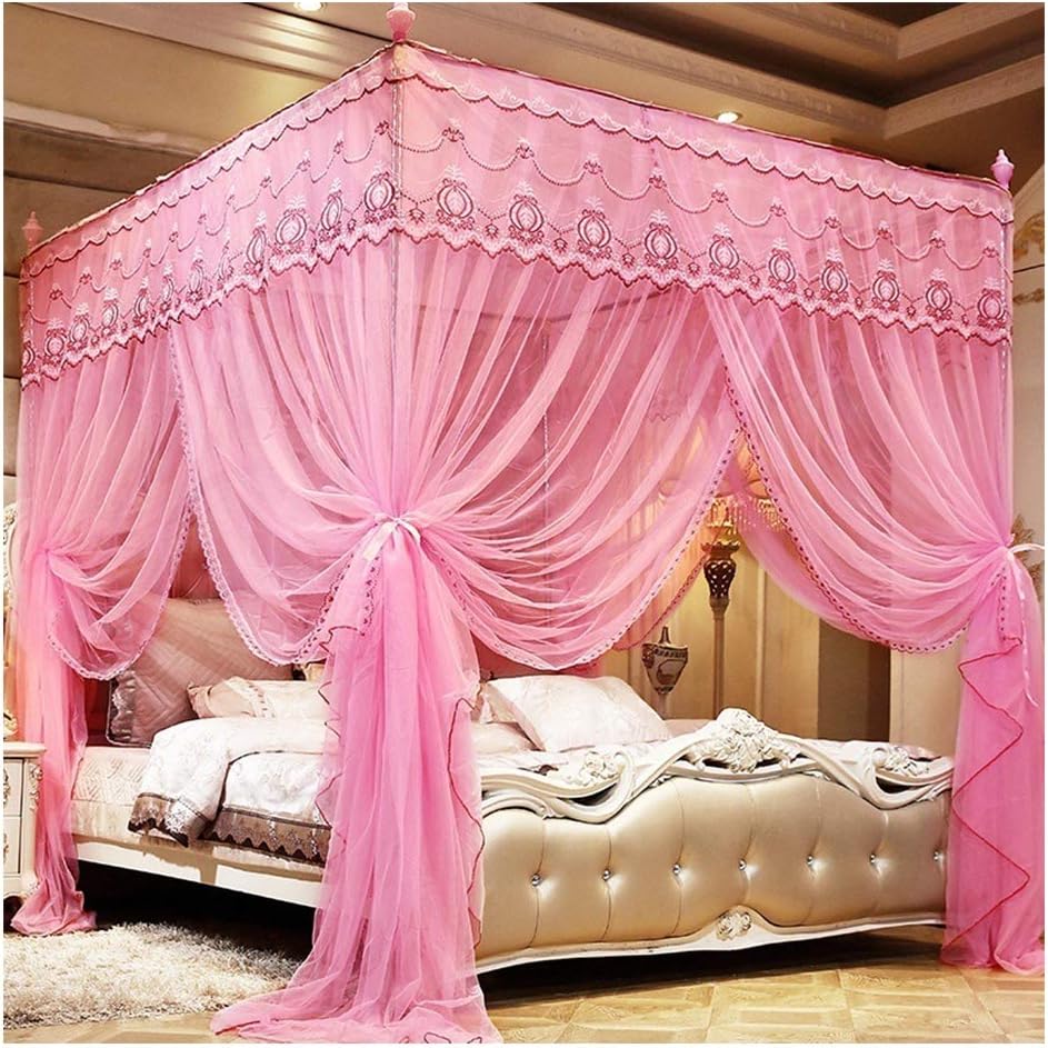 Generic 4 Corner Post Canopy Bed Frame Mosquito Net for Bed Lace Square Princess Fly Screen, Floor-Standing Canopy Curtains (Pink 180x200x200cm)