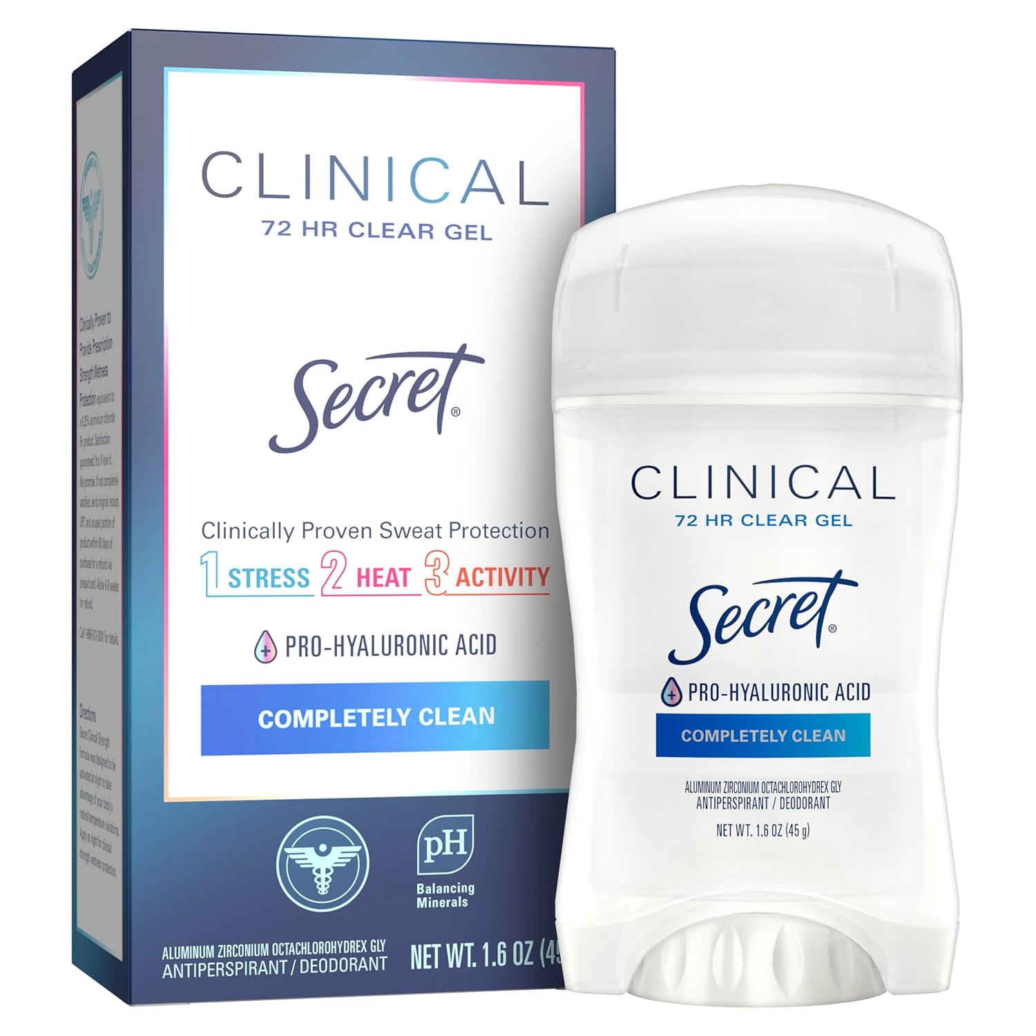 Secret Clinical Strength Antiperspirant Deodorant for Women, 3X Stress Protection, 72hr Sweat & Odor Protection, PH Balancing Minerals, Clear Gel, Completely Clean Scent, 1.6 oz Secret Clinical Strength Antiperspirant Deodorant for Women, 3X Stress Protection, 72hr Sweat & Odor Protection, PH Balancing Minerals, Clear Gel, Completely Clean Scent, 1.6 oz