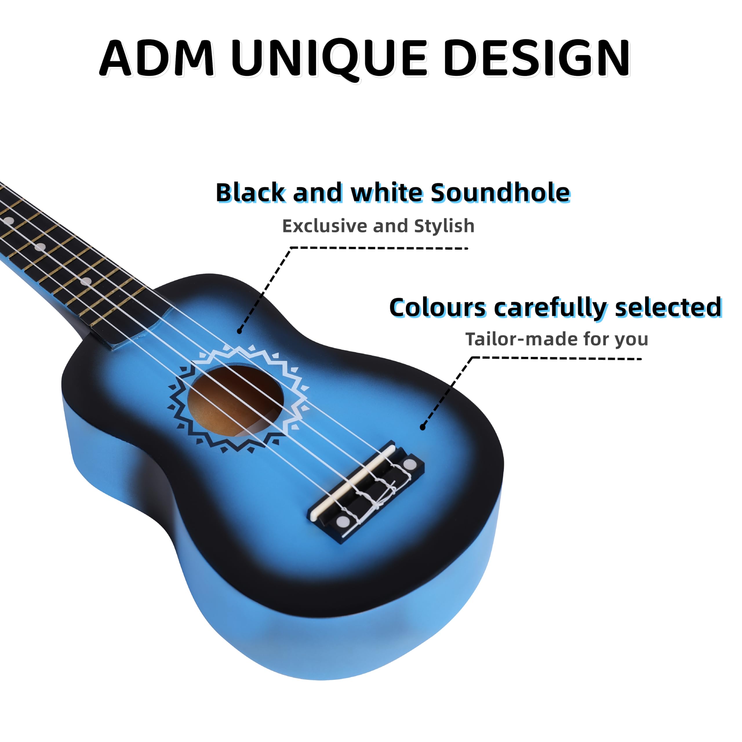 ADM Sopran Ukulele Set für Kinder und Anfänger, Ukulele Starter Kit mit Tasche, Stimmgerät, Regenbogensaiten, Bunter Gurt, Plektron, Griffbrettaufkleber, Akkord-Karte (Blau)