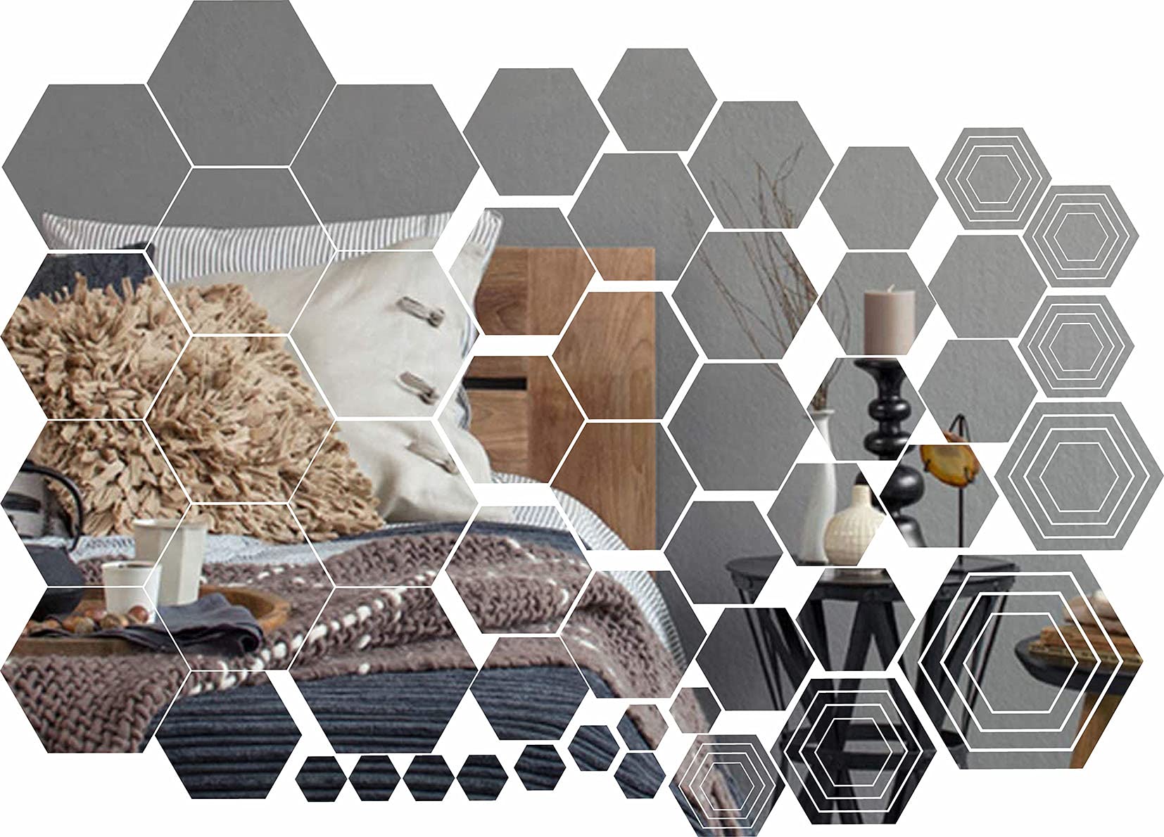 EasmaMirror Wall Stickers Silver Acrylic Hexagon Mirror 3D Wall Decal Peel and Stick Wall Decals Removable Hexagonal Adhesive Mirror Wall Decor for Home Living Room Decor(70pcs)