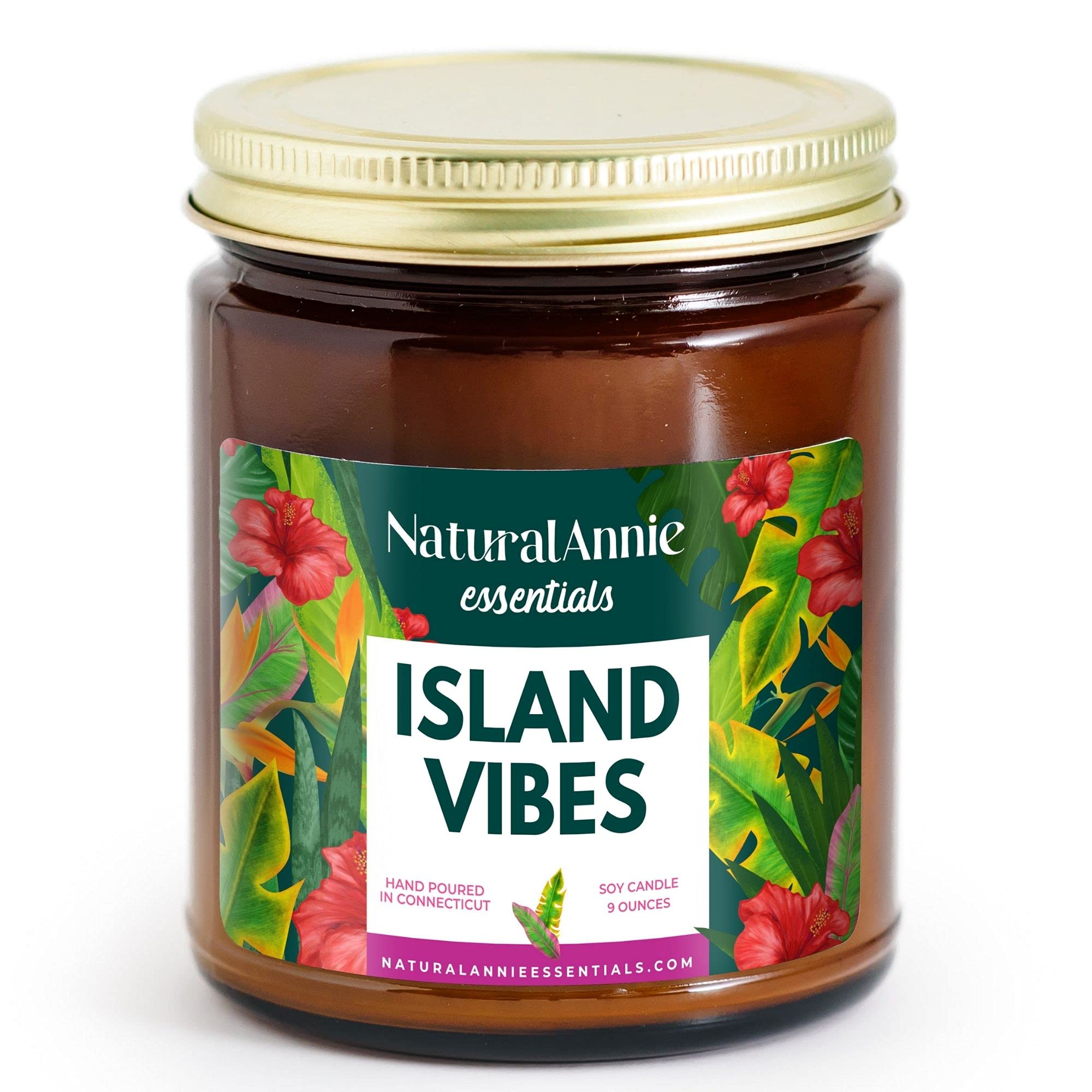 NaturalAnnie Essentials Apothecary Amber Jar Island Vibes Soy Candle 9oz Tropical Scented Candle