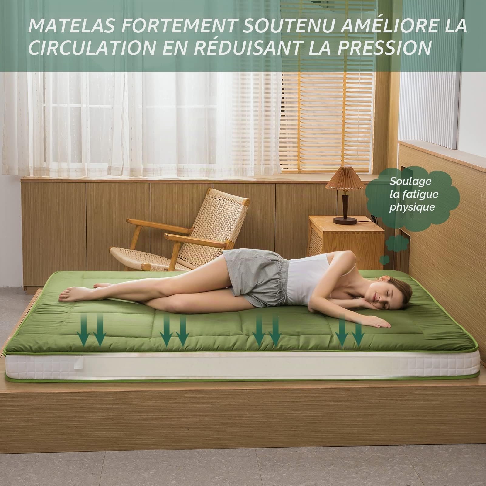 Maxyoyo Matelas futon japonais rembourré - Matelas de sol matelassé - Tapis de couchage pliable extra épais - Respirant - Lit d'invité, canapé, camping - Vert - King size