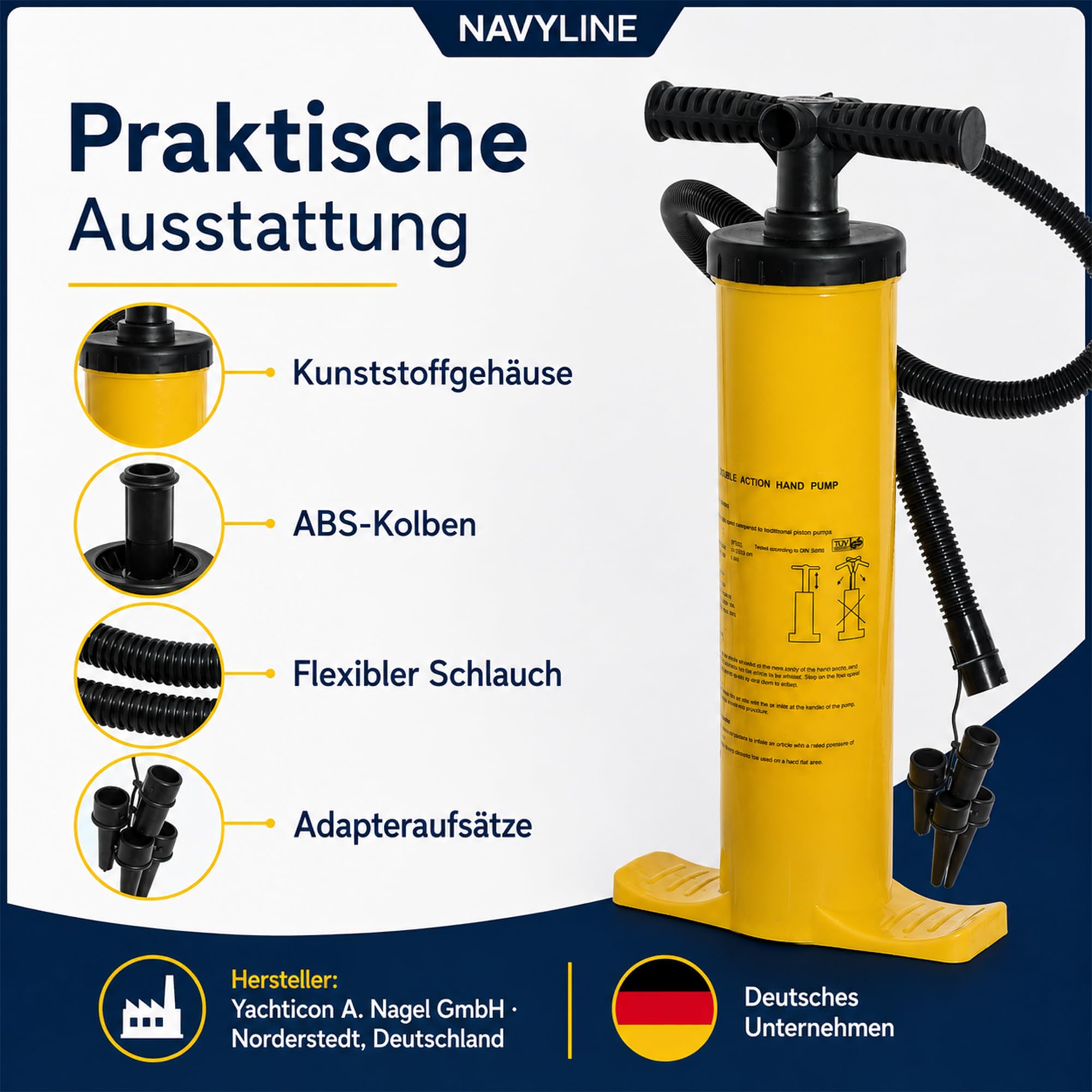 Navyline Doppel Hub Kolben Pumpe 2 x 2 Liter – Doppelhub Luftpumpe mit 4L Fördervolumen | Handpumpe für Schlauchboot, Luftmatratze, Pool & Wasserspielzeug