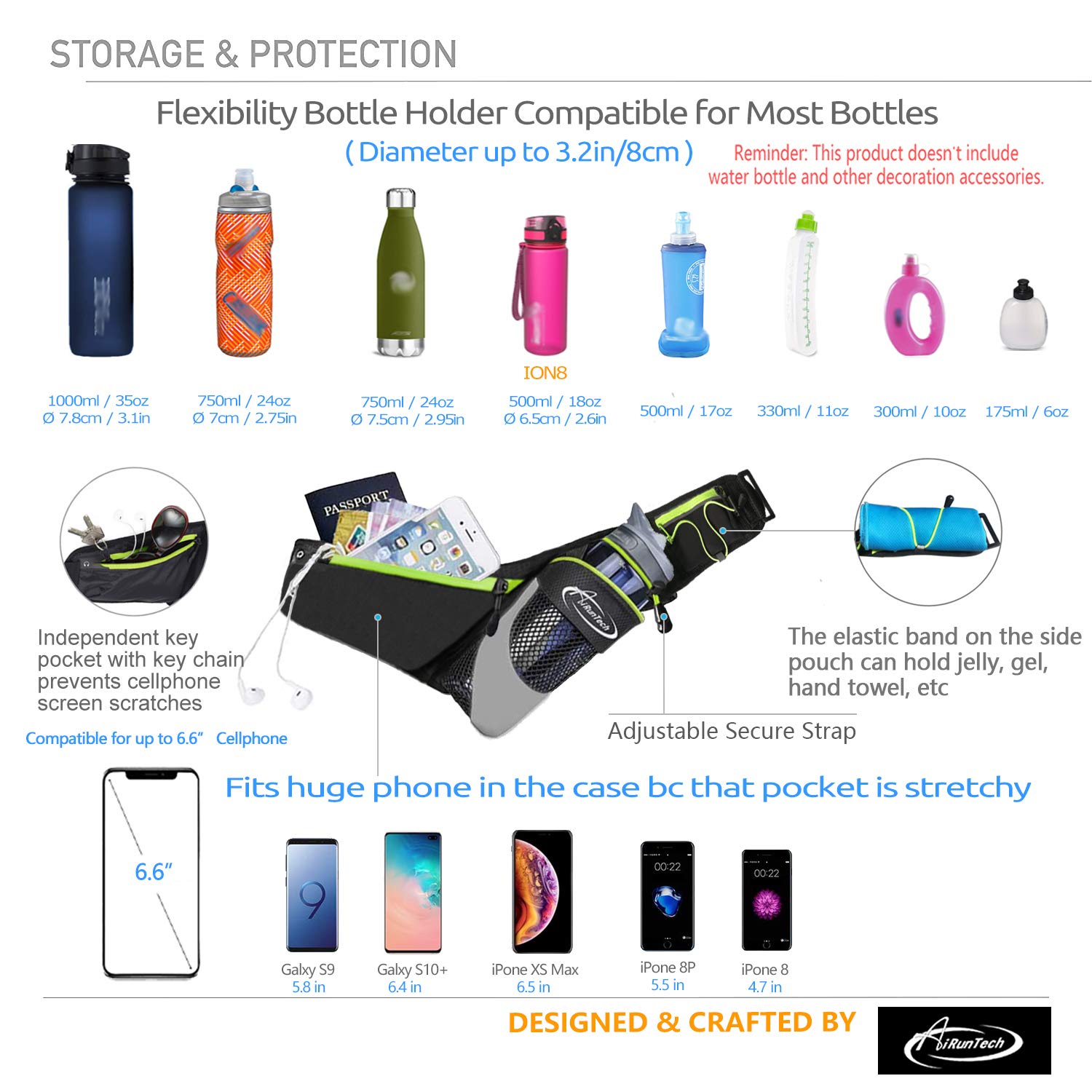 AiRunTech Ceinture de Course avec Porte-Bouteille d'eau sans Rebond Ceinture d'hydratation pour Coureurs, Without Bottle Hydration Belt（GR）