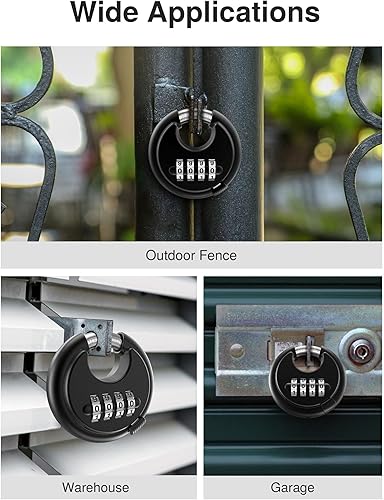 Miniatura 7 de Puroma Cerradura de combinación, candado de disco de 4 dígitos con grillete de acero endurecido, cerradura combinada resistente sin llave para valla