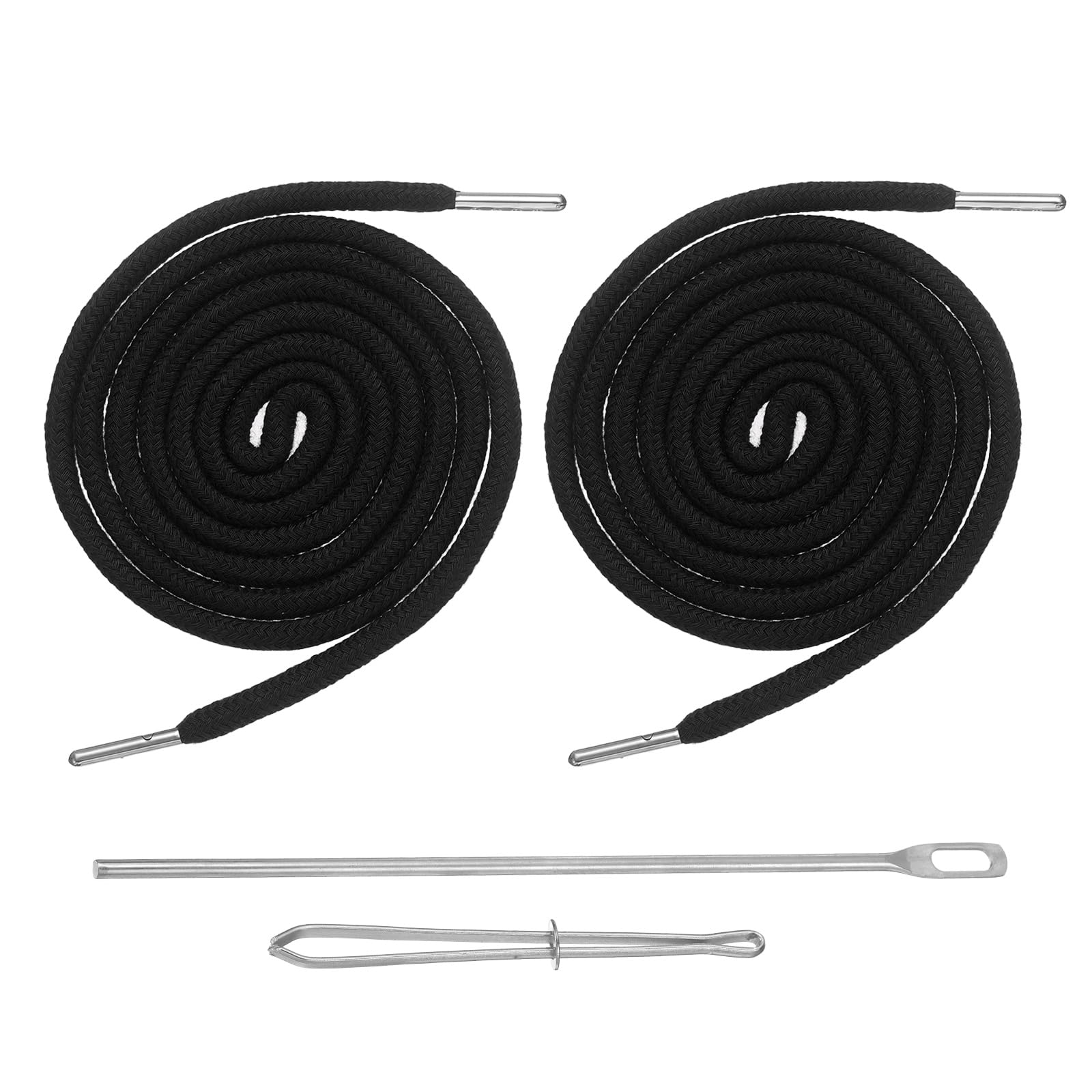 sourcing map 2Pcs Drawstring Cord, 130cm Drawstring Replacement Elastic Cotton Cord Rope with 2 Easy Threader Tools for Hoodie Sweatpants Jackets Pants Coats Bags(5mm D, Black)