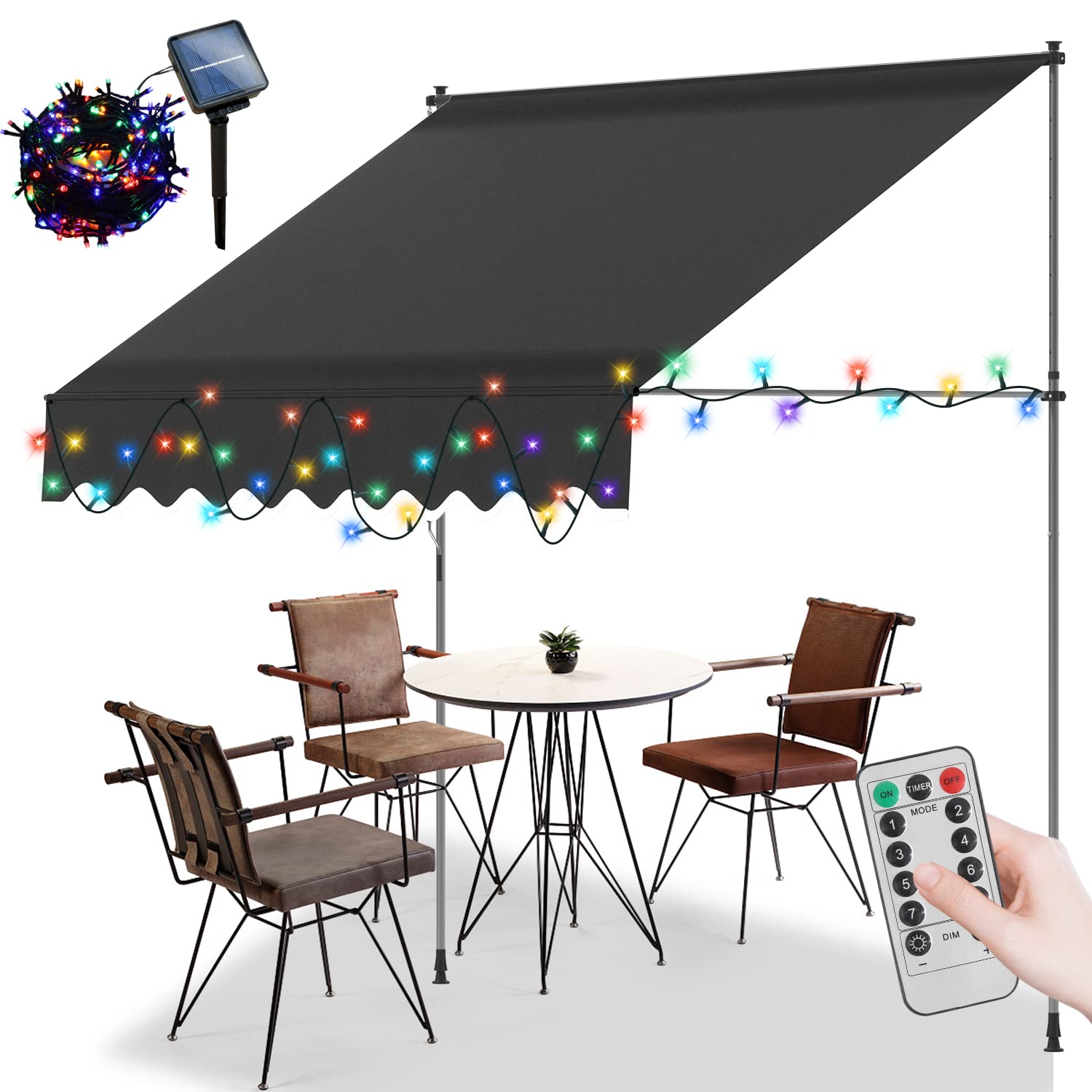 Daromigo Markiza zaciskowa z solarnym kolorowym łańcuchem świetlnym LED, 250 x 120 cm, markiza balkonowa bez wiercenia, z korbą ręczną, regulacja wysokości, ochrona przed promieniowaniem UV, ochrona