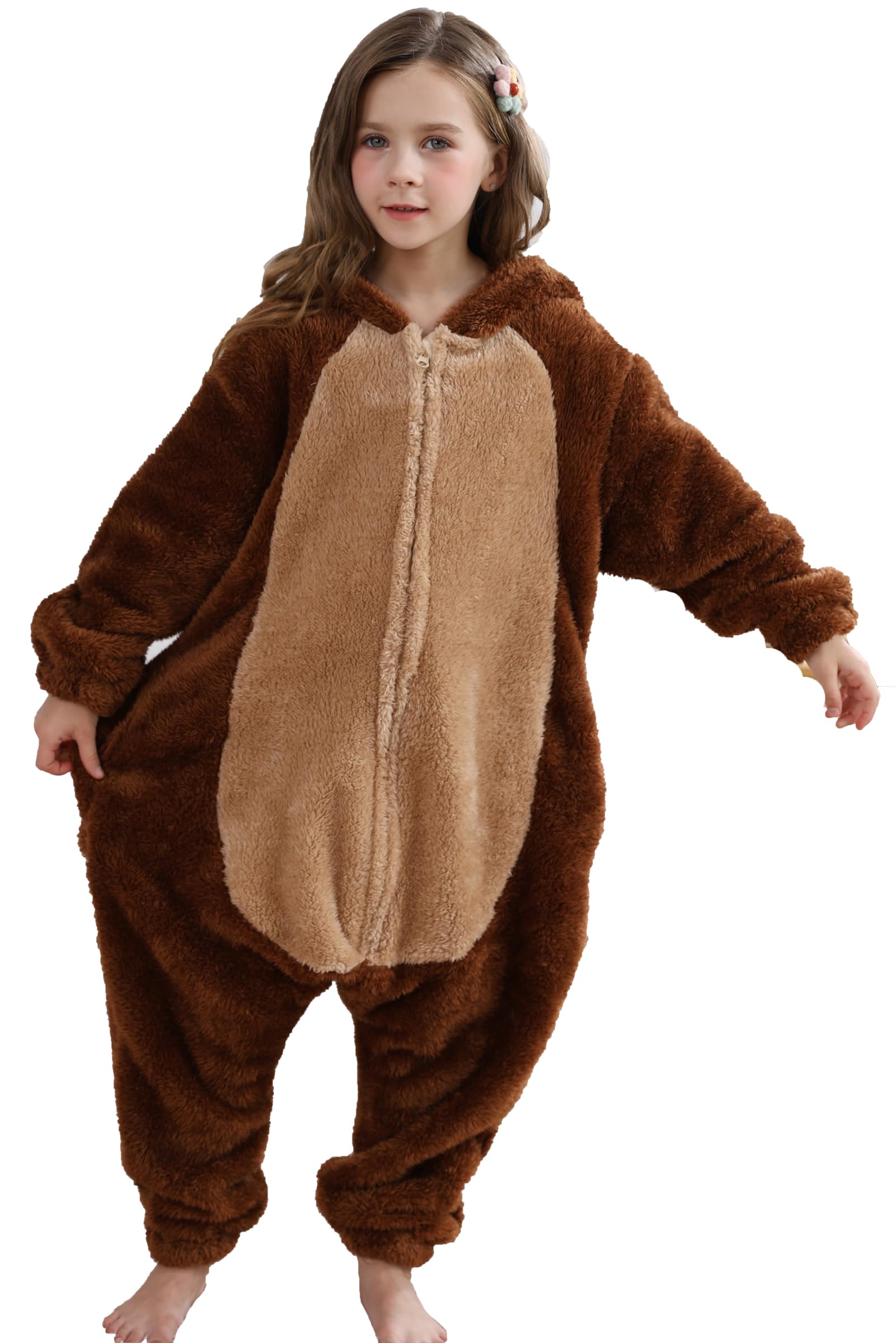 DarkCom Animal Onesie for Kids,Flannel Cosplay Brown Bear Halloween Costume Parent-Child Sleepwear for Girls Boys 4-5 T - Image 4