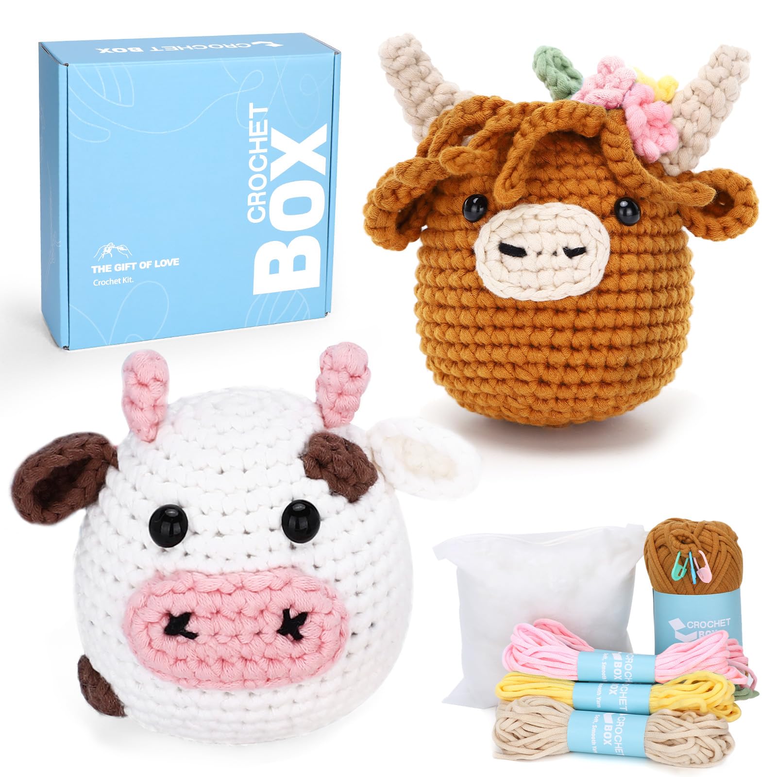 CrochetBox Brown Highland Cow and Cow Crochet Kit for Beginners, 2 PCS Set