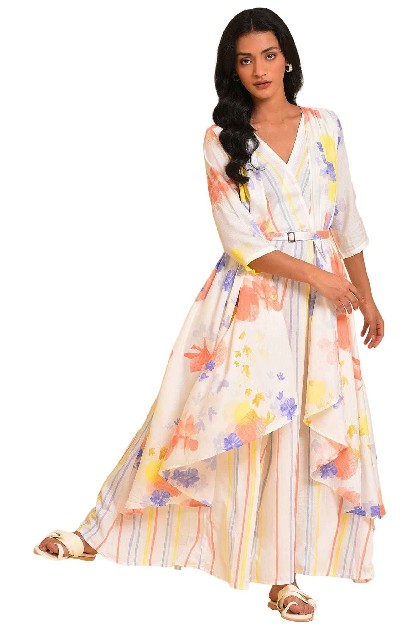 w for woman Ecru Rayon-Blend Floral Printed Stylised Jumpsuit with Metallic Hardware-picture-25