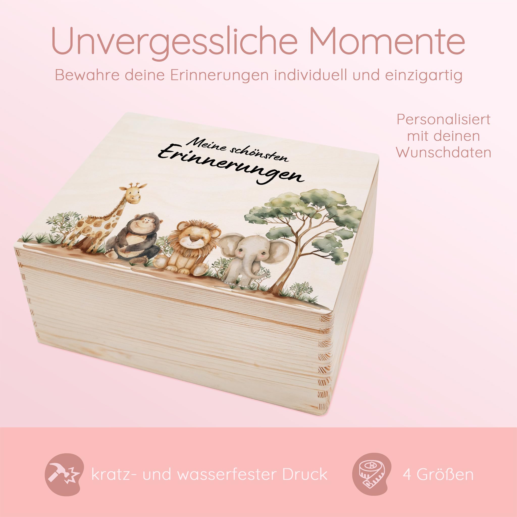 Bärenfreunde - TOP Personalisierte Erinnerungsbox Baby - Individuelle Babies Erstausstattung - Erinnerungskiste aus Holz - Geschenk zur Geburt als Taufgeschenk, Safari ohne Name