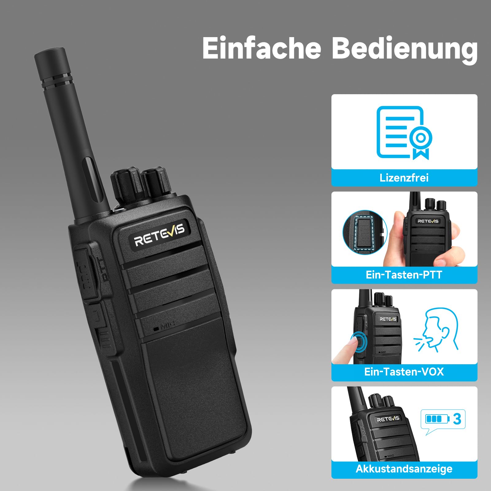 Retevis RT21 Handheld-Walkie-Talkies-Radio 16CH Wiederaufladbare 2-Wege-Fernverbindung mit CTCSS/DCS VOX für die Planungssicherheit des Airsoft-Wanderfestivals, Rettung(4 Stück Schwarz)