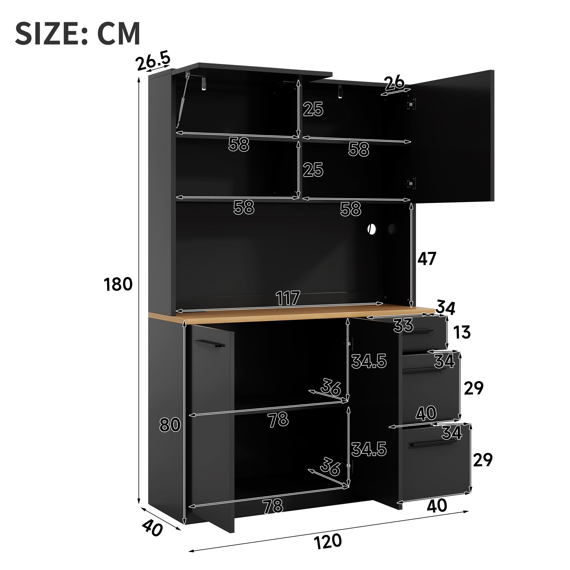 Küchenbuffet mit LED und Steckdosen, Schwarz | 120 x 40 x 180 cm | USB-A/USB-C | Gasdruckklappe | Verstellbare Böden