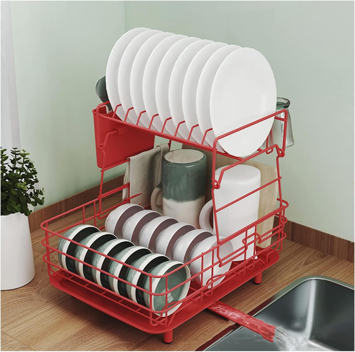 Dish Rack with Swivel Outlet, 2 Tier Dish Drying Rack