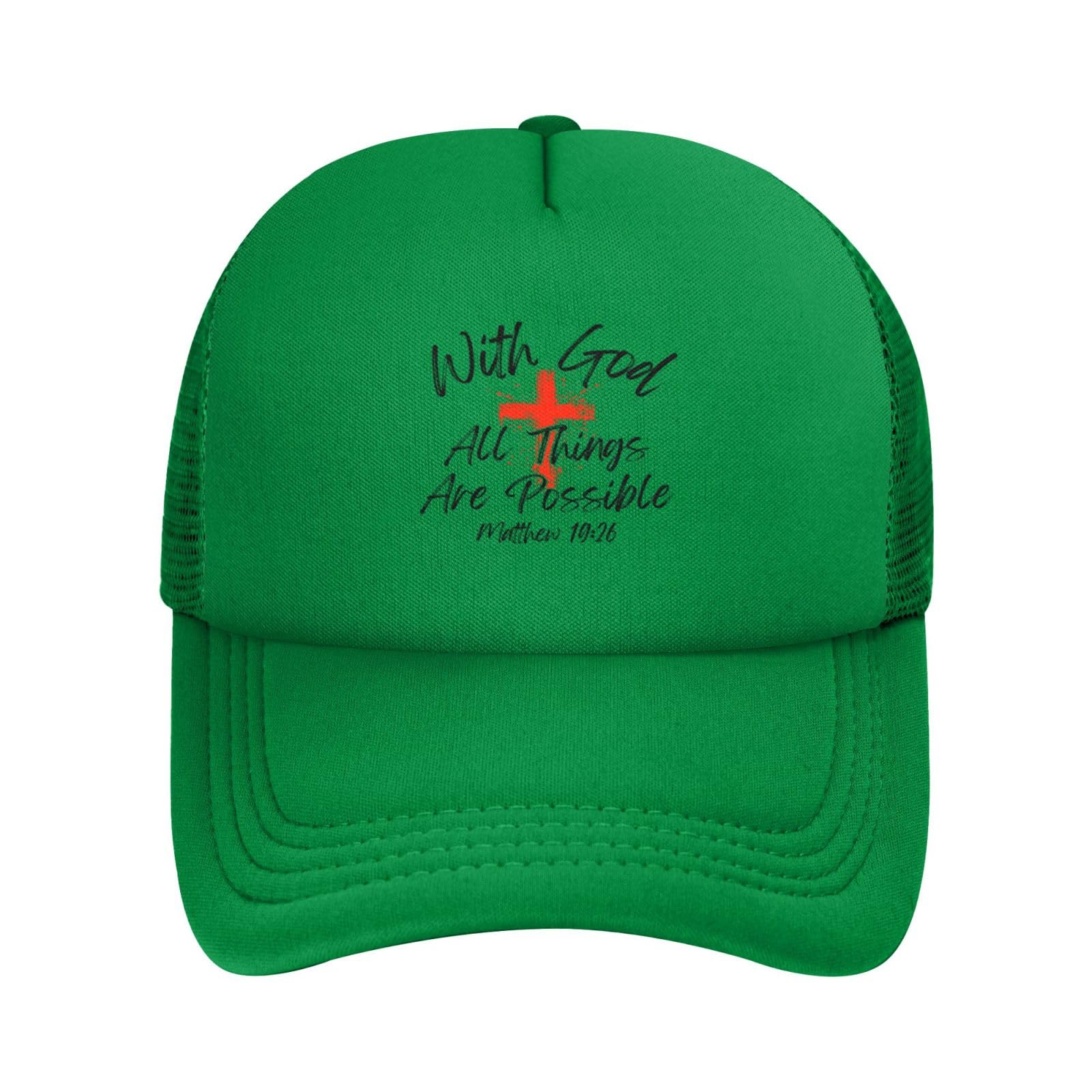 with God All Things are Possible Mesh Hat Matthew 1926 Christ Cross Jesus 2024 Christian Faith Trucker Baseball Cap Green