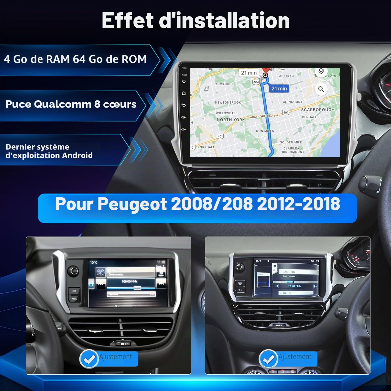 Autoradio Android 8 Cœurs 1,8 GHz Qualcomm Chip 4+64G pour Peugeot 208/2008 2012-2018, Radio avec écran Tactile de 10 Pouces, Carplay et Android Auto sans Fil, Caméra de Recul AHD + DSP, OEM