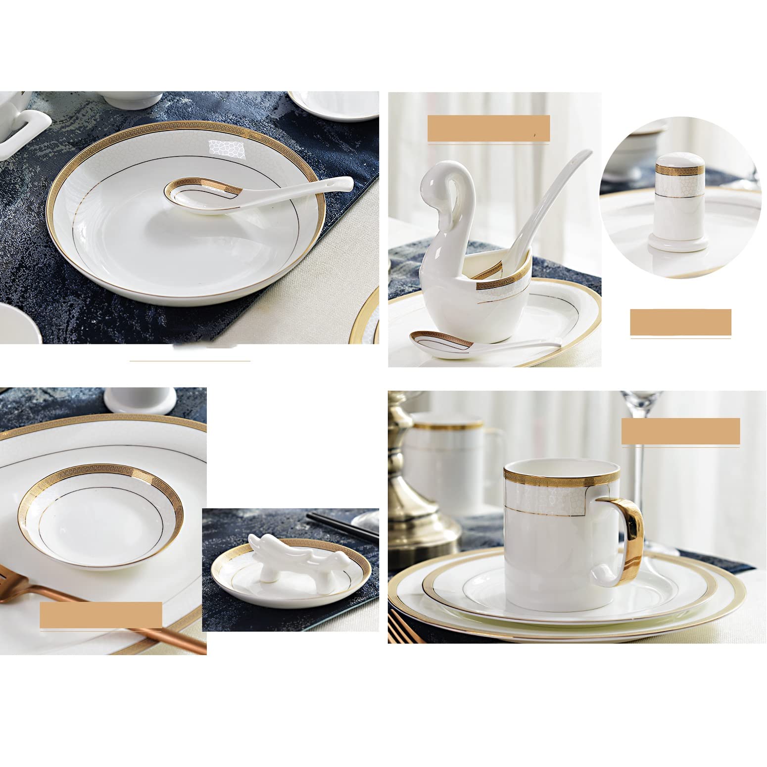 H3TF5J Zestaw straży straży Bone China, mikrofalowe, na imprezę 10, nowoczesny ze złotymi akcentami, trwałą ceramikę do użytku w pomieszczeniach i na zewnątrz
