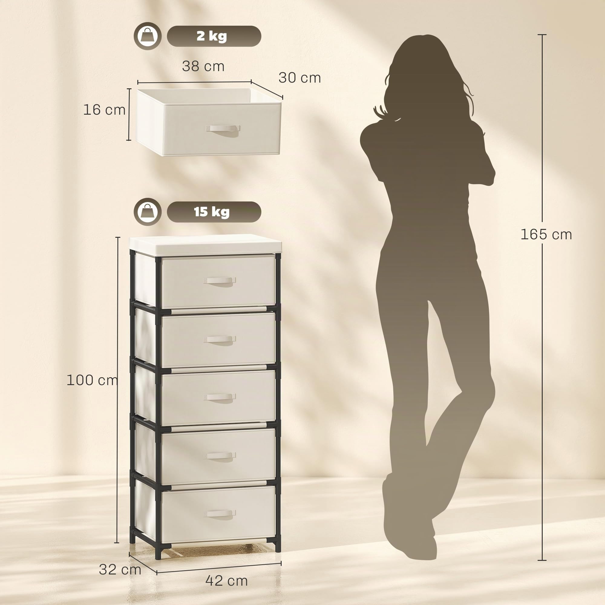 HOMCOM Cómoda con 5 Cajones de Tela para Dormitorio Marco de Acero Beige