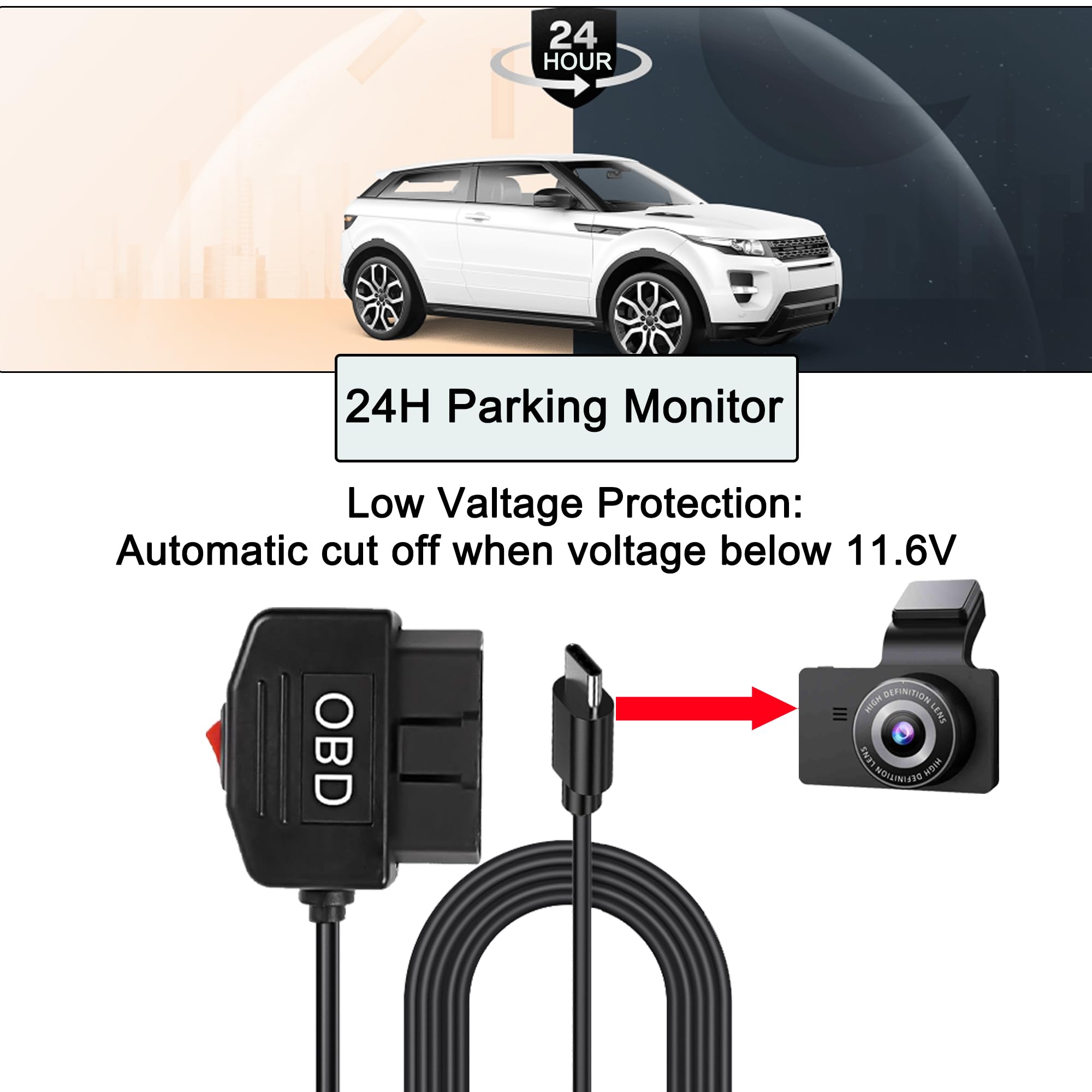 OBD Power Cable for Dash Camera, OBD2 to USB C Adapter, 12-24V to 5V 3A, 24h Parking Mode with Switch, 3.5M