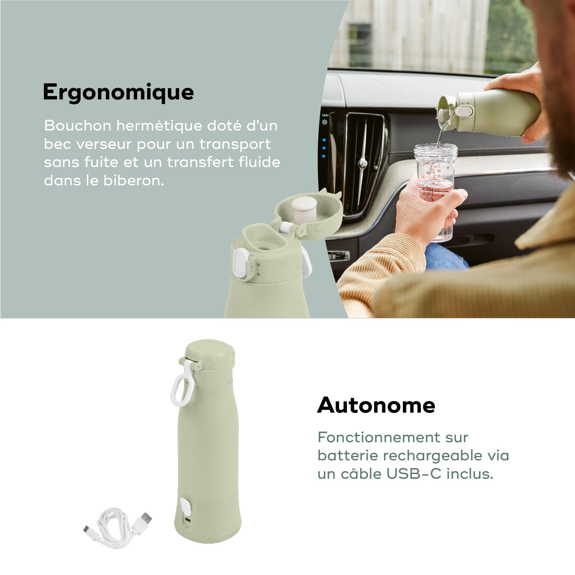 Babymoov Chauffe-Biberon Nomade sans Fil Moov & Feed - Capacité 340ml - Eau ou Lait Maternel - Température réglable - Maintien au Chaud (jusqu'à 7h) - Recharge USB - Garantie à Vie - Vert Sauge