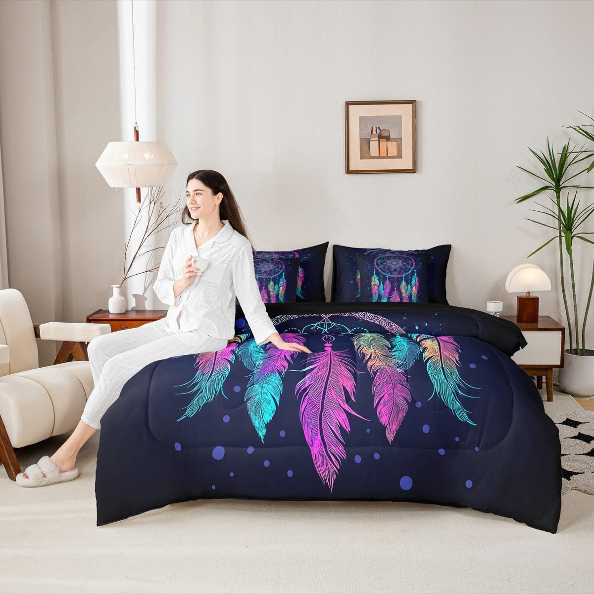 Erosebridal Dream Catcher 7 Piece Bedding Set Full Tie Dye Comforter Set with Sheets Mandala Bohemian Feather Bed in A Bag Exotic Ethnic Tribal Hippie Style Bed Sets image 4