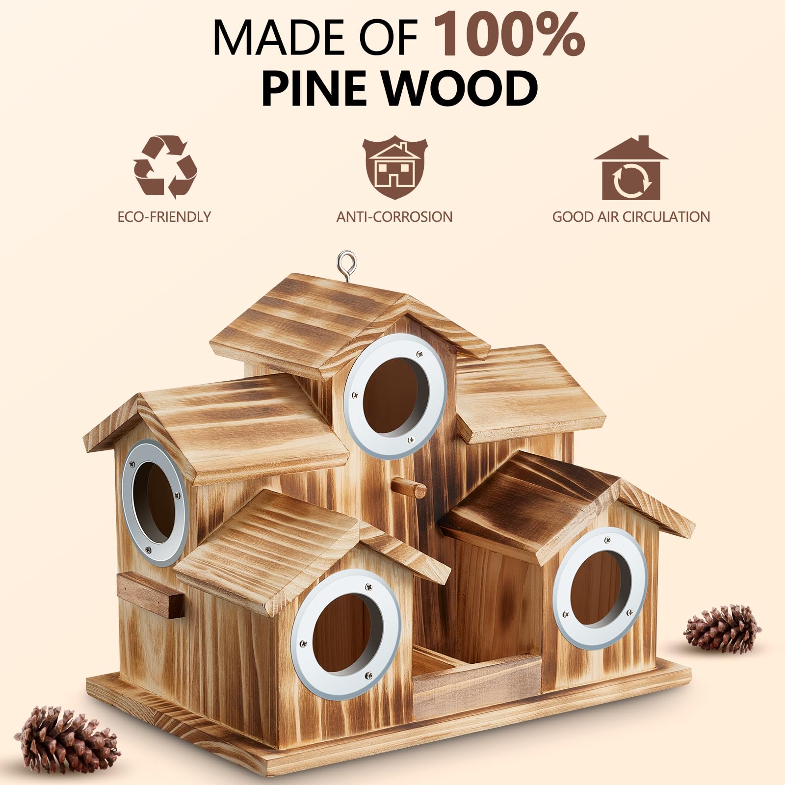 Bird House for Outside, 5 Rooms Wooden Hanging Nesting Box Cottages Feeder for Small Birds Outdoors Thanksgiving Christmas New Year Gifts