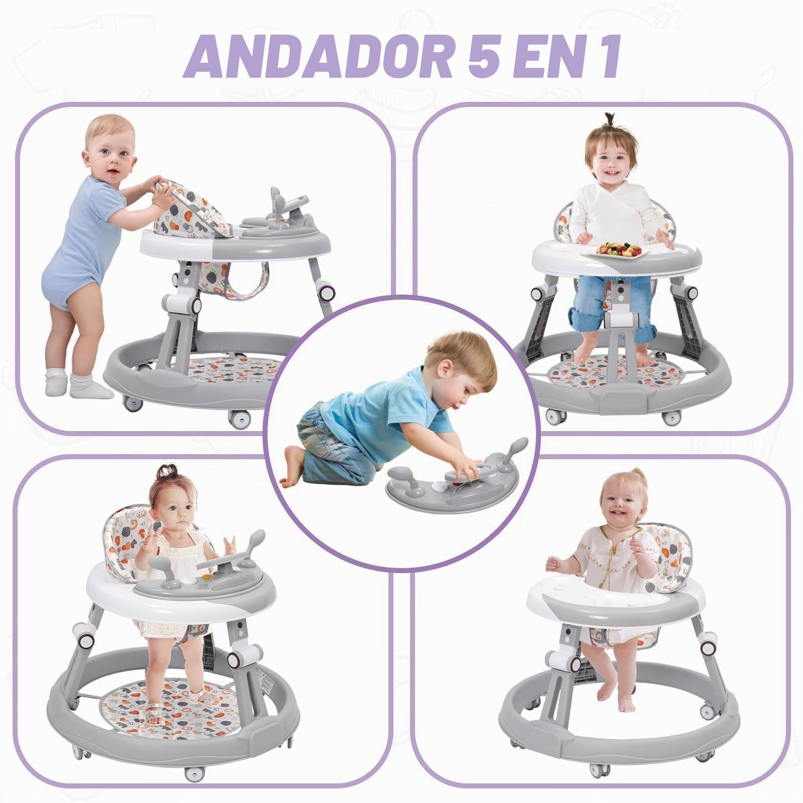 Tacata Bebes con Volante,Juego,Alfombrilla, Chasis Redondo Antideslizante de 6 Ruedas,Plegable Y con 3 Alturas Ajustables,Asiento con 4 Posiciones Ajustables,Andador Para Bebés a Partir de 0+