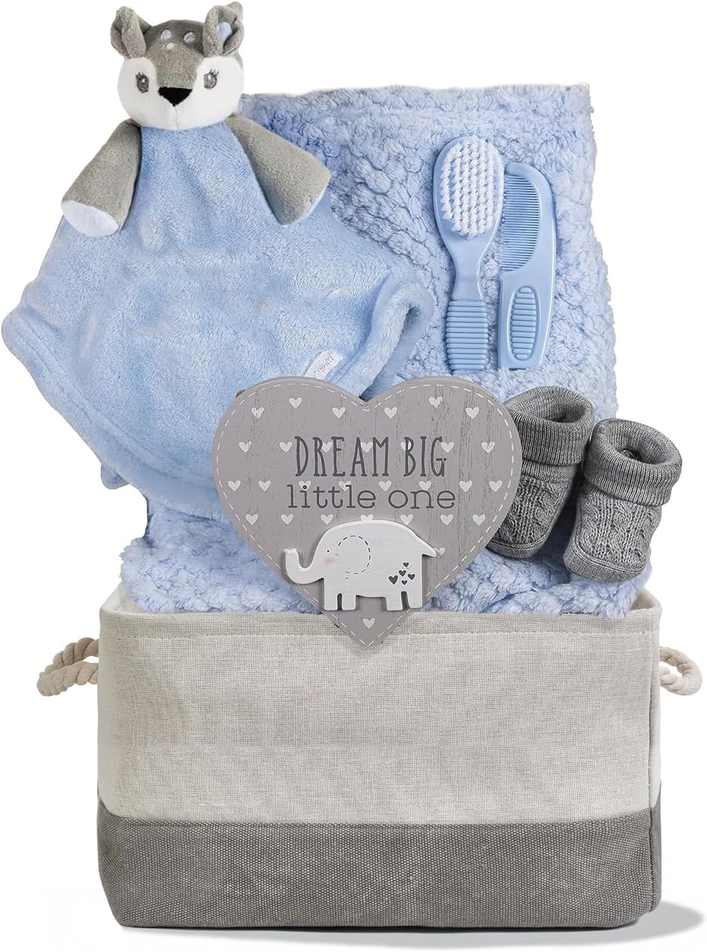 Hoolaroo Baby Gift Basket for Boys Blue Baby Hamper Newborn Deer Comforter Blanket Nappy Caddy Gift Set, Blue Deer, Standard