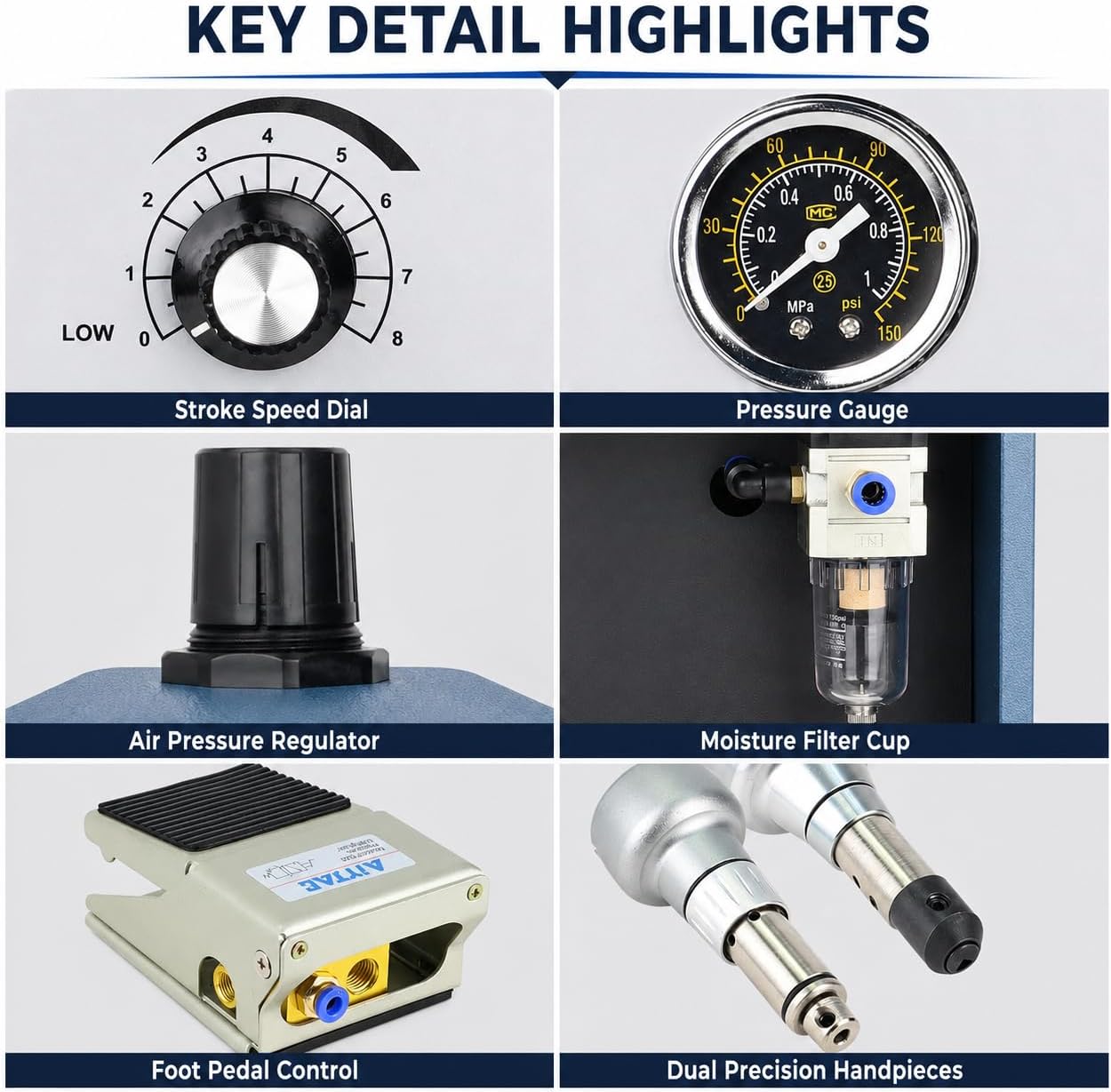 Pneumatic Graver Engraving Tool – 110V 60Hz, Foot Pedal Speed Control, 100-4000 Strokes/min, 0-30 PSI Gauge – Dual Port Air Engraver with 2 Handpieces for Jewelry, Metal, Stone Setting & Wood