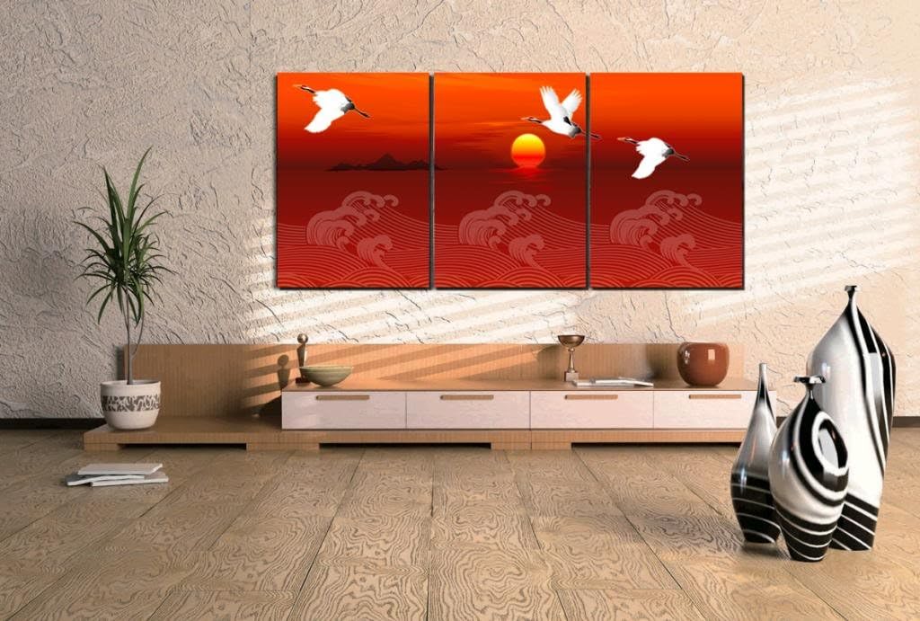 Espritte Art-Large Crane in Sunset, Picture Painting on Canvas Print Stretched and Framed,Ready to Hang, Modern Home Decorations Wall Art set of 3 Each is 4060cm #D02-417