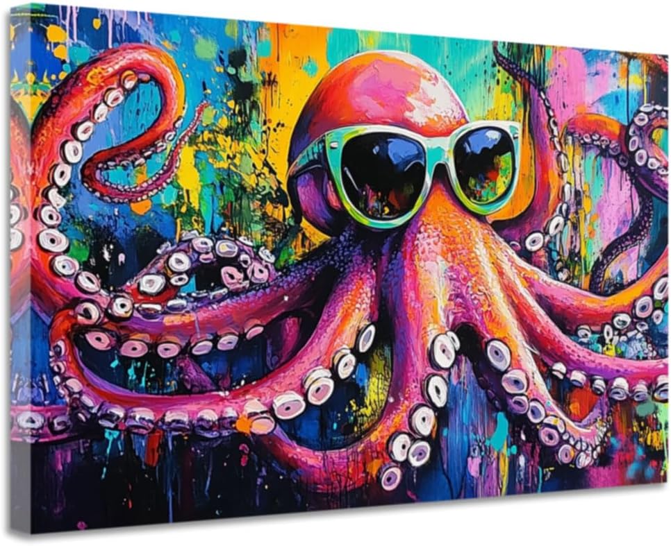 CGXLB Colorful Octopus Print Decor Large Canvas Wall Art Octopus Wearing Sunglasses Modern Graffiti Painting Artwork for Men Teenage Boy Room Game Room Cool Posters Decor 12"x18"