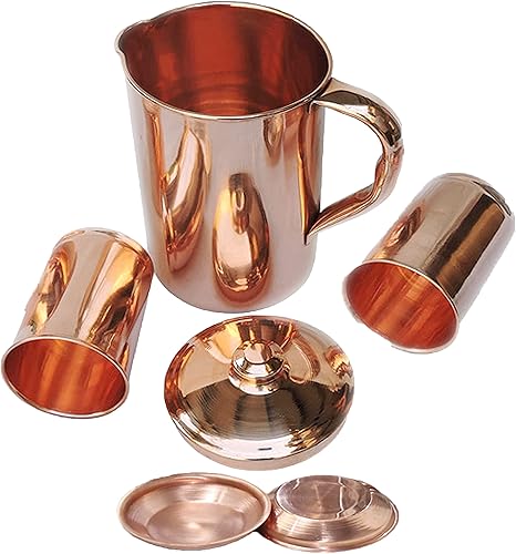 PARIJAT HANDICRAFT Jarra de cobre accesorios de vasos vaso de cobre jarra con tapa de cobre jarra de agua de vidrio para beber (suave)