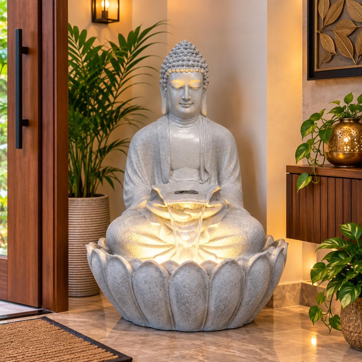 EXPLEASIA Lotus Buddha 3ft Water Fountain | Indoor Home Office Garden Vastu Decor | Big Size Waterfall | 65x65x90 cms |Stone Grey