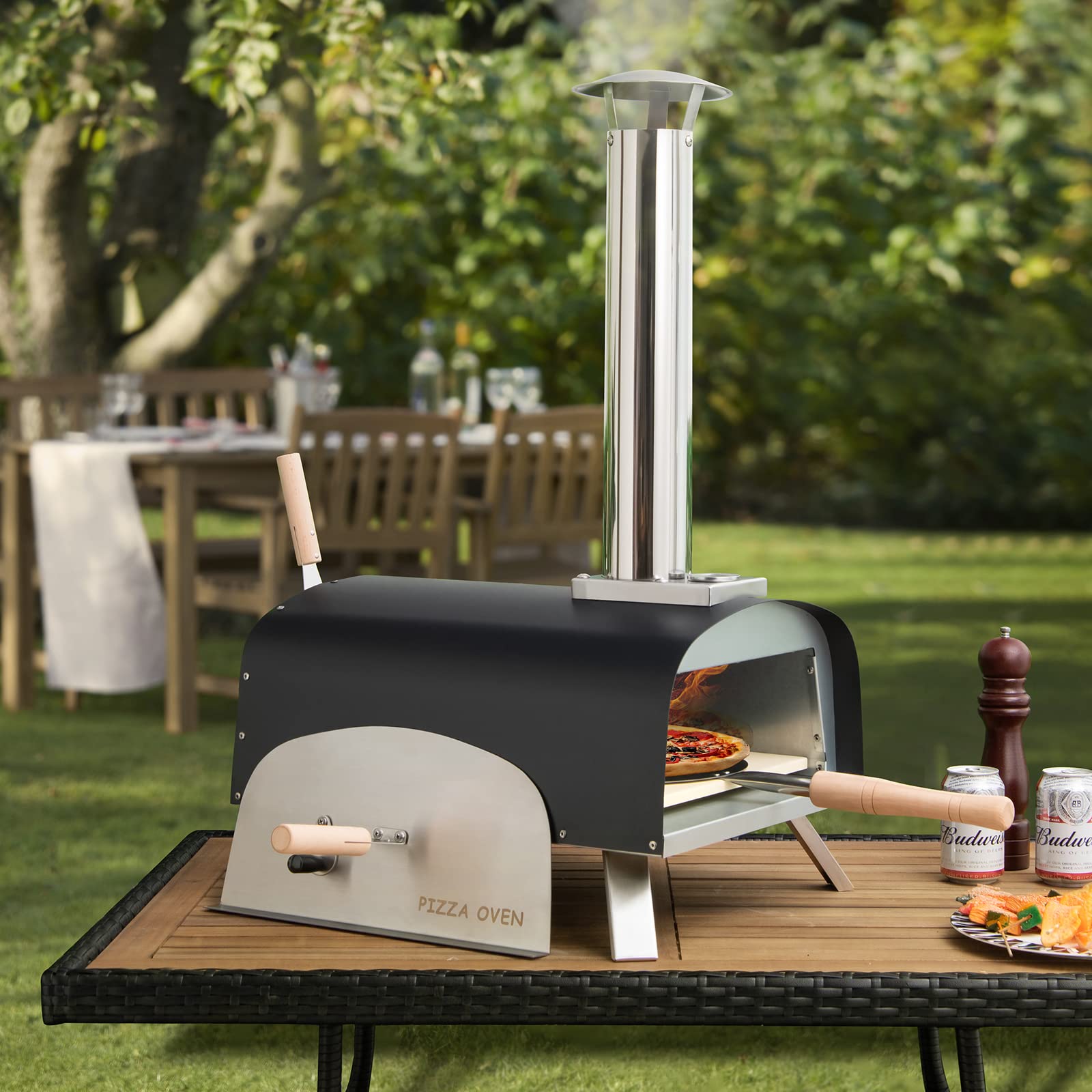 GYMAX Forno per Pizza all’Aperto, Forno per Pizza a Legna con Pietra per Pizza da 33 cm, Protezione Antincendio, Camino Rimovibile, Forno per Pizzaioli Portatile per Cortile, Campeggio, Cucina
