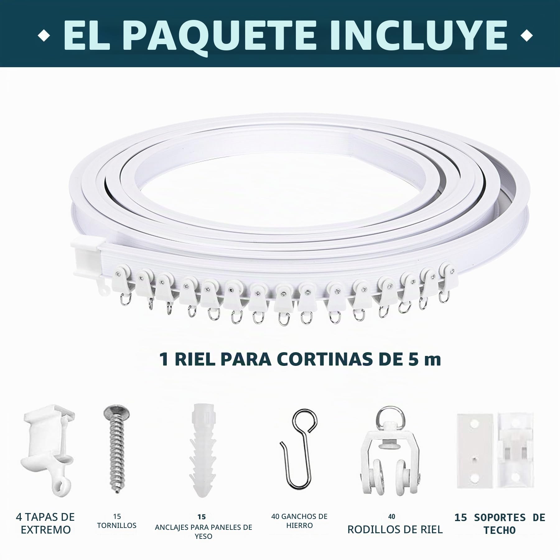 JIHYER Riel Cortina Techo Flexible, 16.4ft(5M) Rieles para Cortinas de Techo, Curvado, PVC, Metal, Plástico y Acero Inoxidable, Blanco, para Montaje en Techo