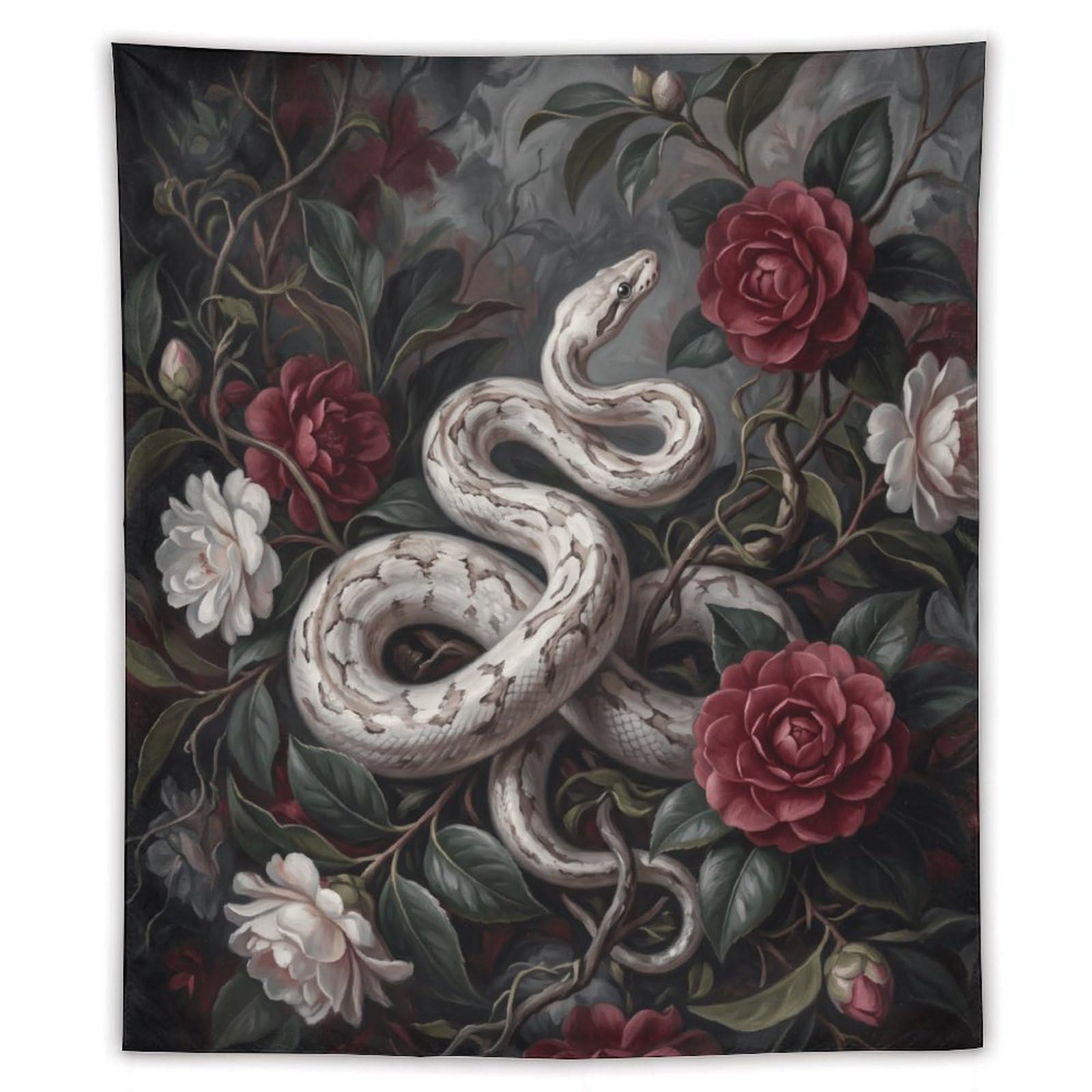 H3B8U2Y5 White Snake Dark Roses Wall Tapestry, Realistic Illustration, Bed
