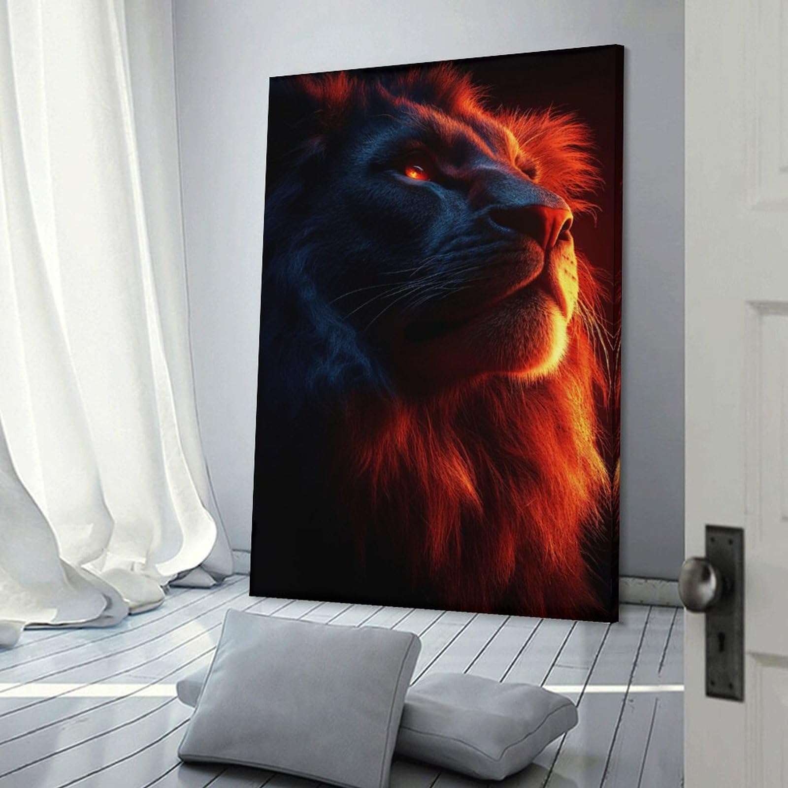 Junmoney Frame-Style-20-1 Lion Portrait Fire And Shadow Canvas Wall Decor, 12X18inch(30X45cm), For Gallery Wall Decor And Room Displays, Wall Decor Suited To Curated Displays