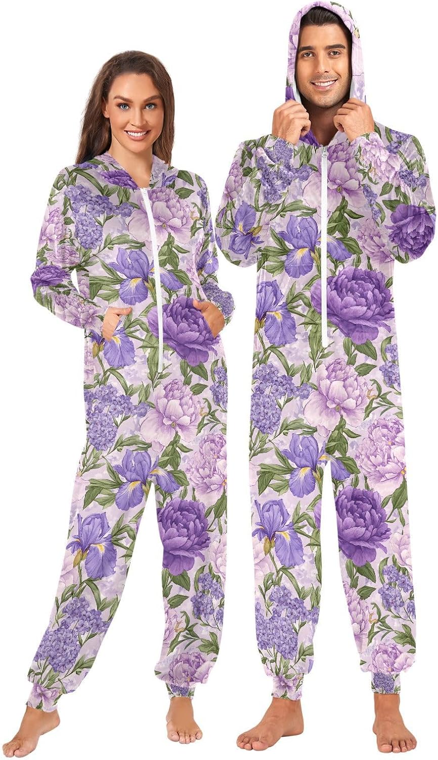 Purple Rose Flower Paisley Boho Floral Adult Onesie Pajamas Novelty One Piece Costume Sleepwear Jumpsuits Matching PJS