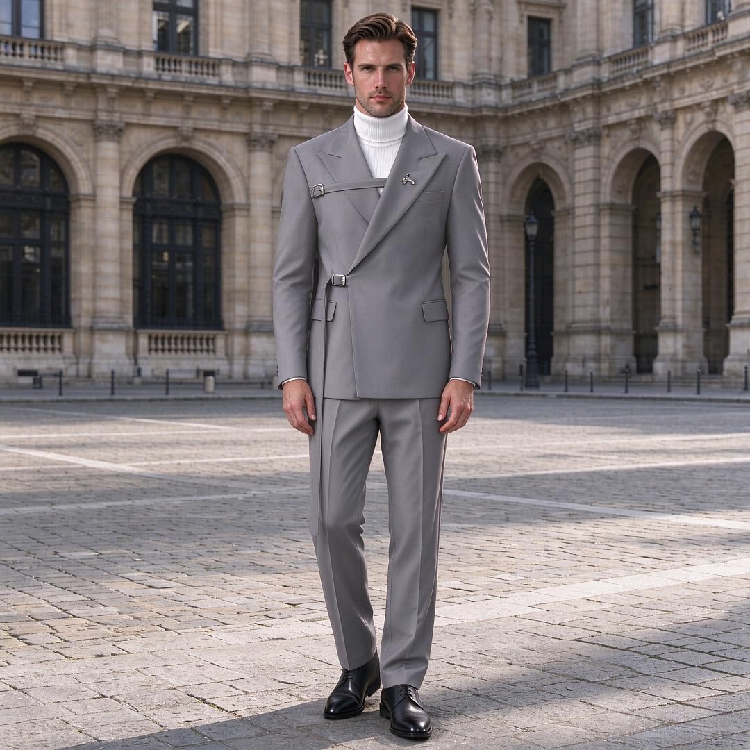 da Uomo Doppio Petto 2 Pezzi Collo Alto Coordinato Abito da Matrimonio Cinghia con Fibbia Blazer Sposo Smoking per Feste Prom